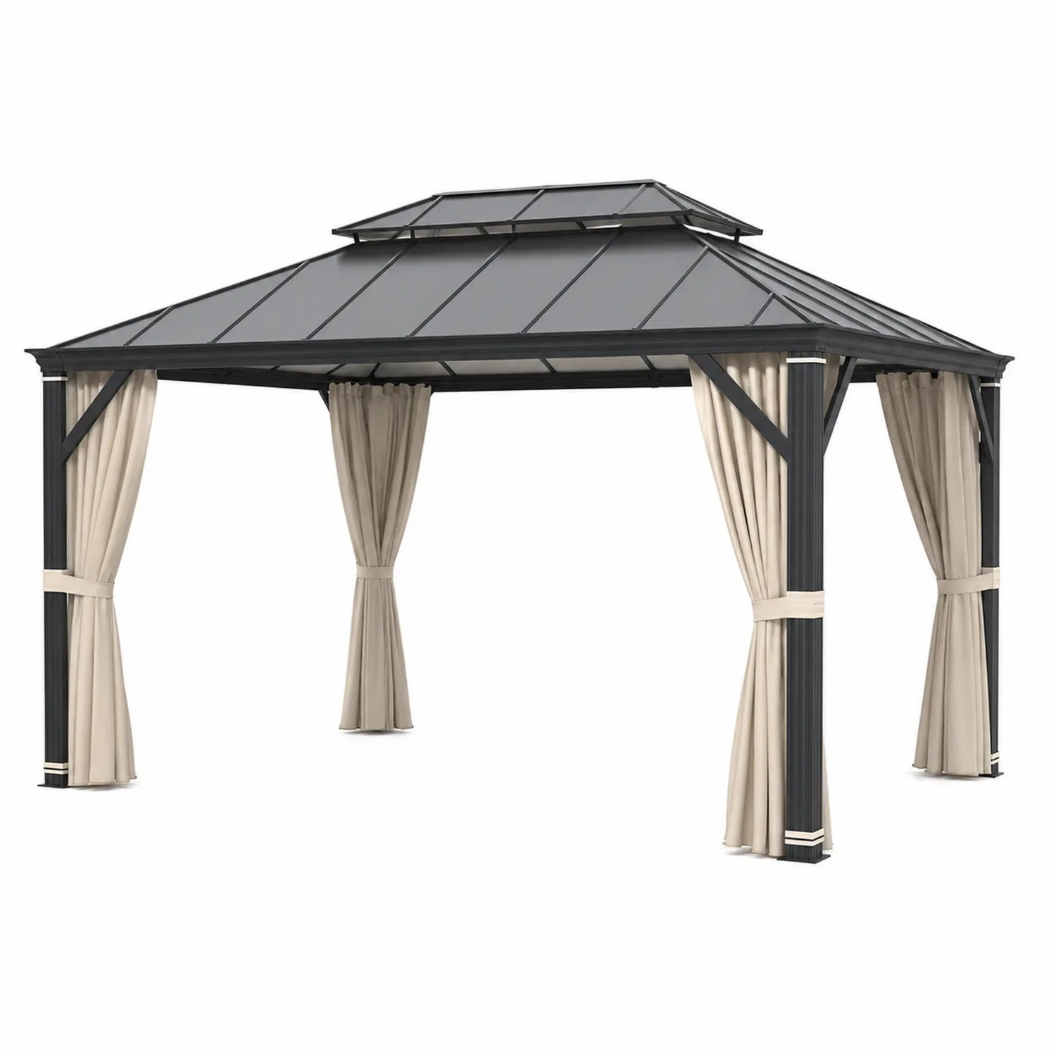 Rechteckiger Pavillon aus Aluminium mit Polycarbonat-Dach und beigen Vorhängen