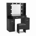 Schwarzer Holz-Schminktisch mit Spiegel und Hocker, LED Beleuchtung