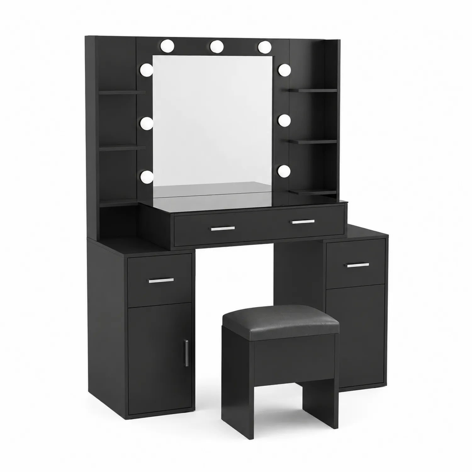 Schwarzer Holz-Schminktisch mit Spiegel und Hocker, LED Beleuchtung
