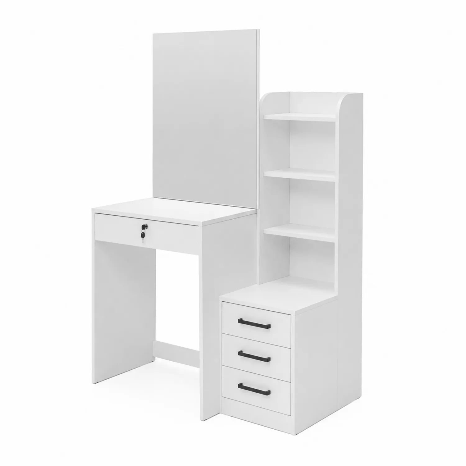 Frisiertisch-Set mit Spiegel, Schubladen und Regalen aus Holz Weiß