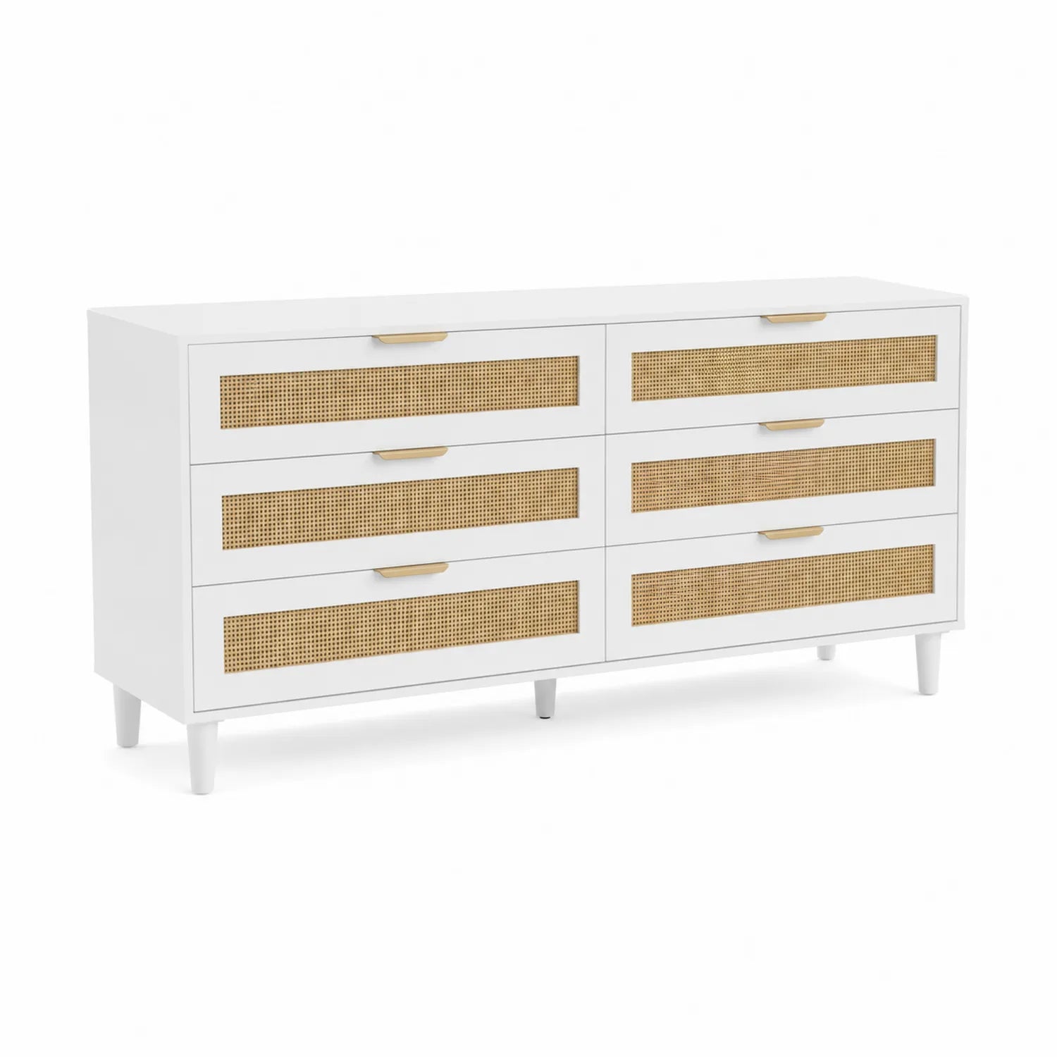 Kommode mit 6 Schubladen aus MDF und Rattan in Weiß