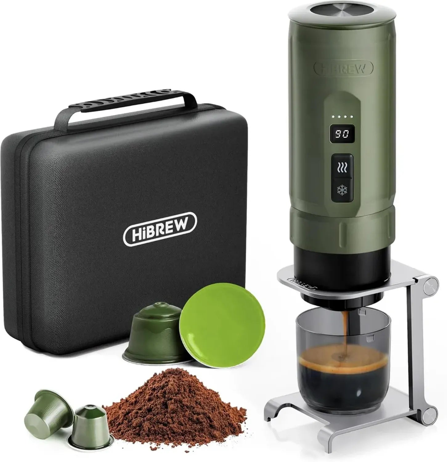 HIBREW Tragbarer Espressokocher mit USB-C, Kompatibel mit Kaffeepads und Pulver, Ideal für Reisen und Zuhause, Inklusive Faltbarem Ständer und Tragetasche