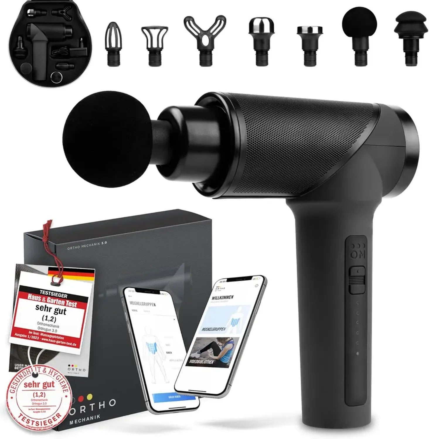 OrthoMechanik® Massagepistole 3.0 mit App-Steuerung und 7 Aufsätzen, 160W Motor, 5 Intensitäten, Bis zu 360 Min Laufzeit