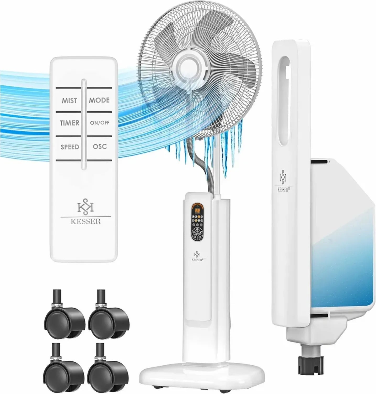 KESSER® Standventilator mit Ultraschall-Nebel und Wasserkühlung, leise Luftbefeuchtung und Fernbedienung, Timer-Funktion, Weiß