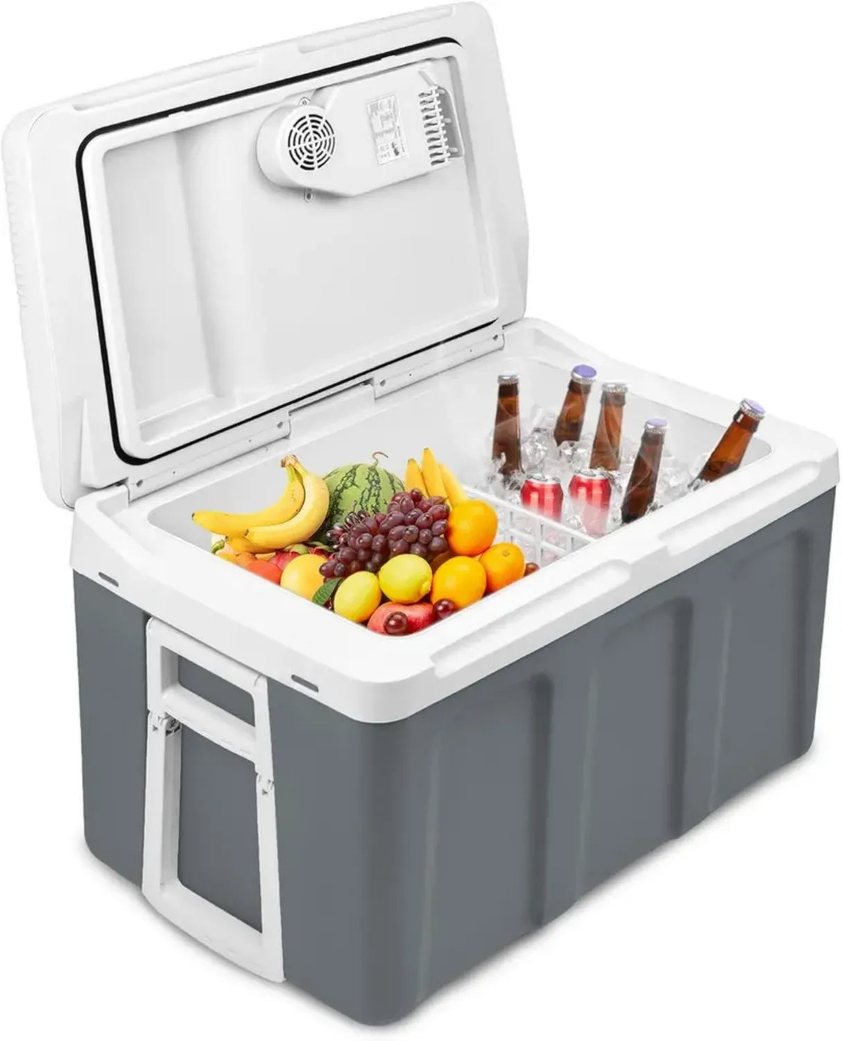 Tragbare 48L Kühlbox mit Rollen und Heizfunktion, 12V/220V Elektro-Kühlung im ECO-Modus für Auto und Camping, Grau