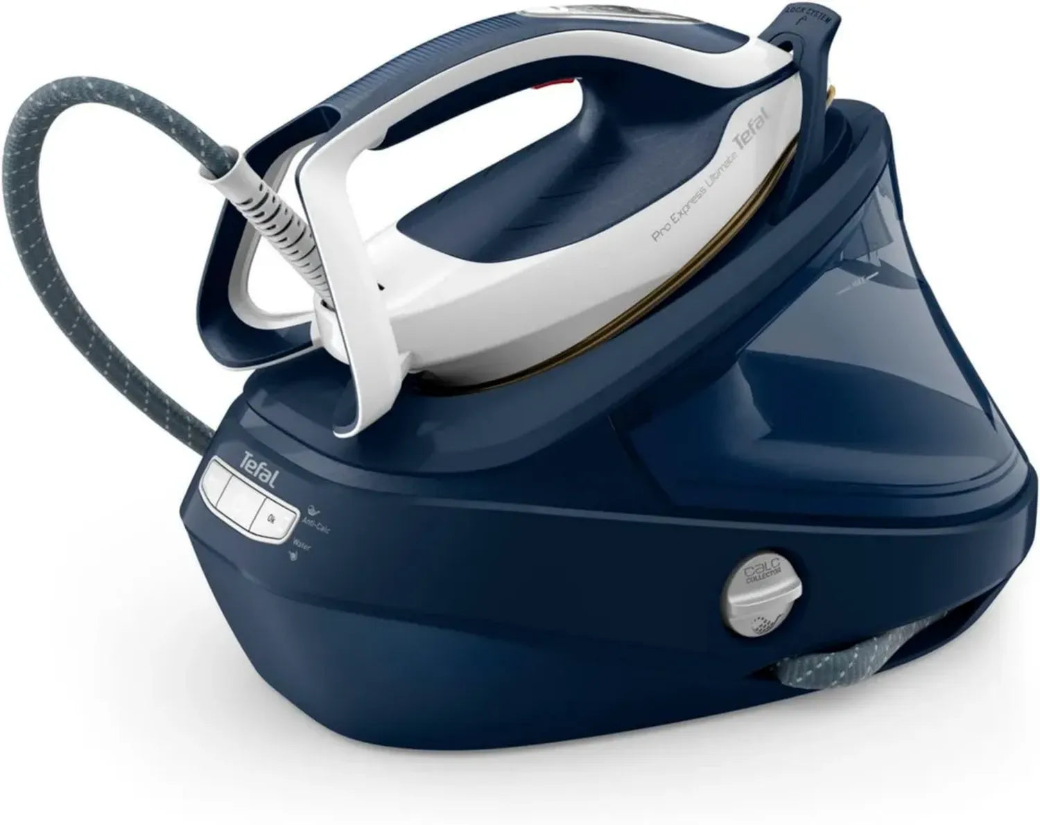 Tefal Pro Express Ultimate Bügelstation, 8 Bar Druck, konstanter Dampf 170 g/min, Dampfstoß 590 g/min, abnehmbarer Kalkkollektor, Weiß/Blau, Modell GV9720