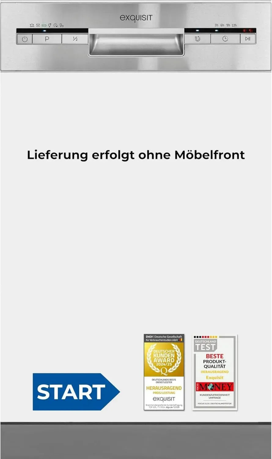 Exquisit Einbaugeschirrspüler 45 cm, teilintegriert, 9 Maßgedecke, ECO-Modus, Startzeitvorwahl, Edelstahl