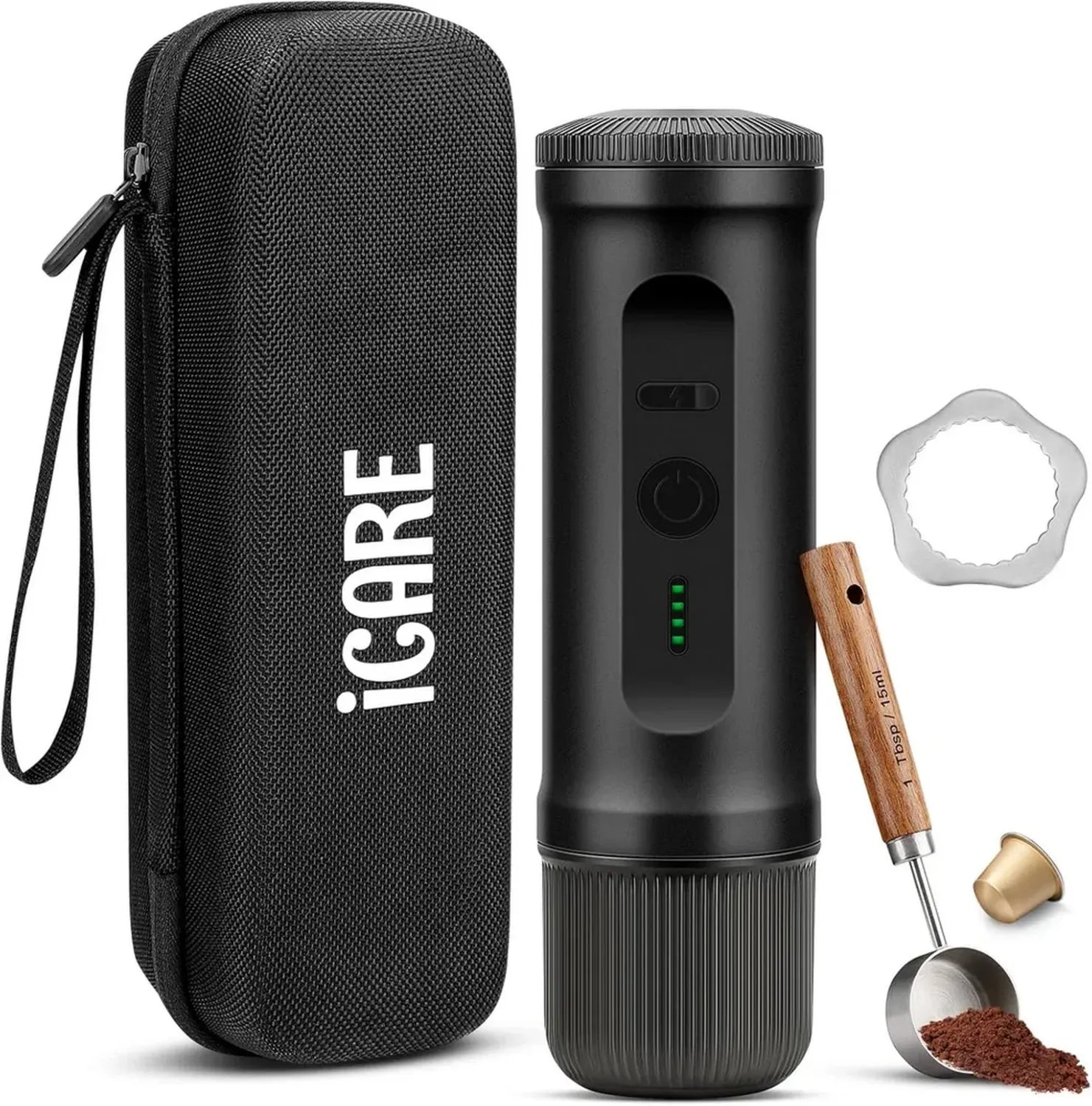 ICARE Elektrische Kaffeemaschine, Tragbar für Nespresso und Gemahlenen Kaffee, USB-C Schnellladung, Perfekt für Outdoor-Aktivitäten