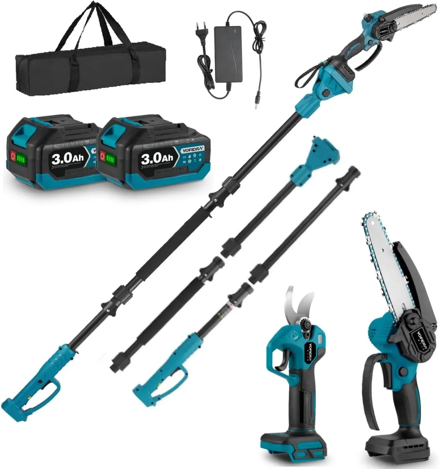Yofidra 4-in-1 Teleskop-Astsäge & Baumschere - Bürstenlos, 6-Zoll-Kettensäge mit 200 cm ausziehbarer Stange, 180° verstellbar, inkl. 2 x 3,0Ah Akkus