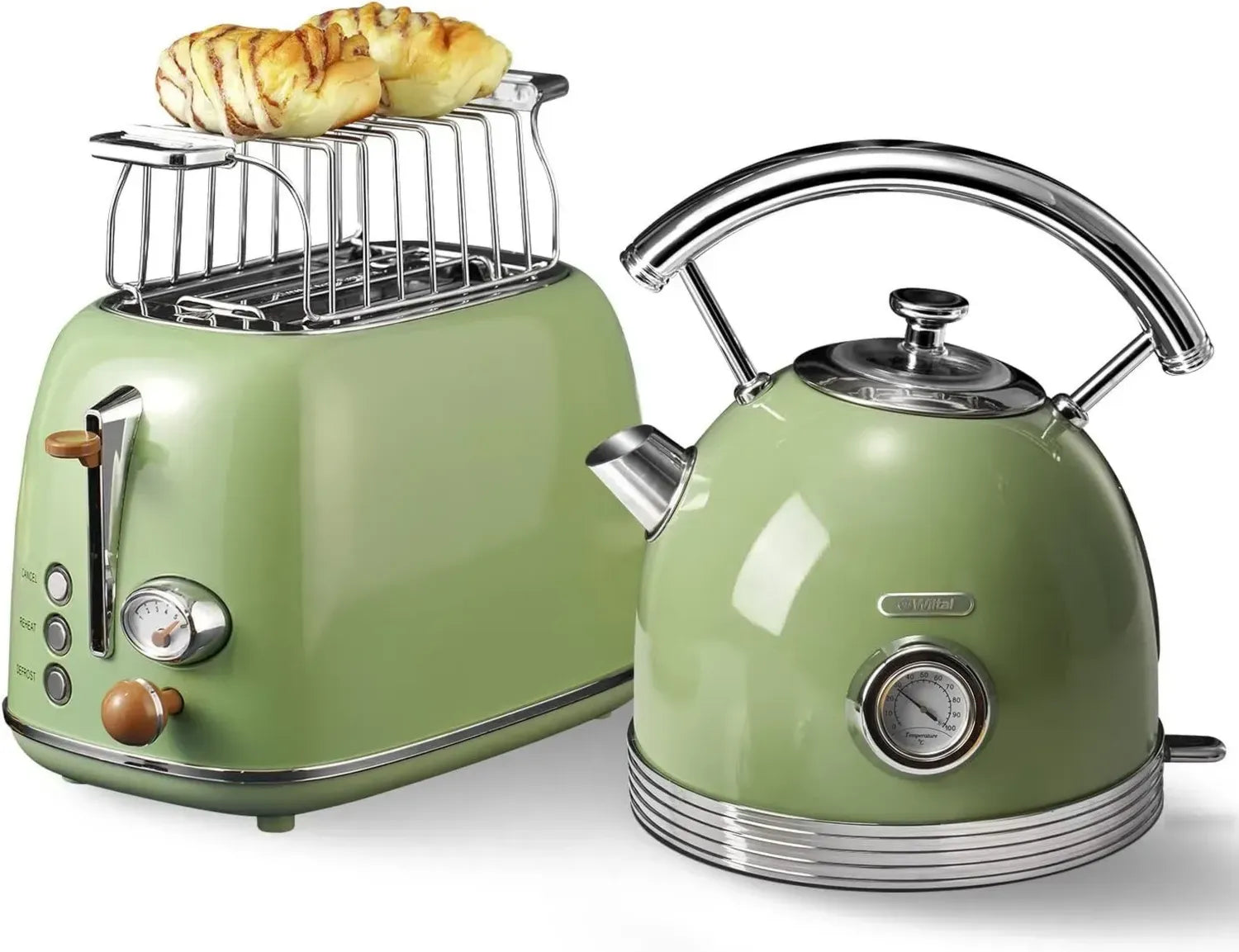 Edelstahl Frühstückset: Toaster & Wasserkocher, 2200W, Schnellaufheizung, Retro Grün