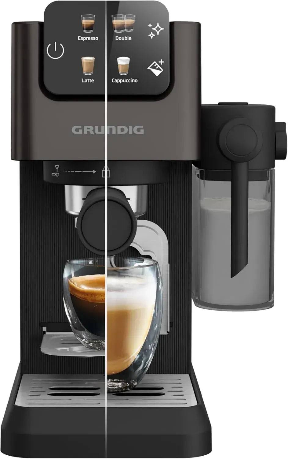 GRUNDIG Siebträgermaschine mit Milchsystem, 1628 W, 15 bar Druck, Touchscreen, BrewSense, Dark Inox/Schwarz