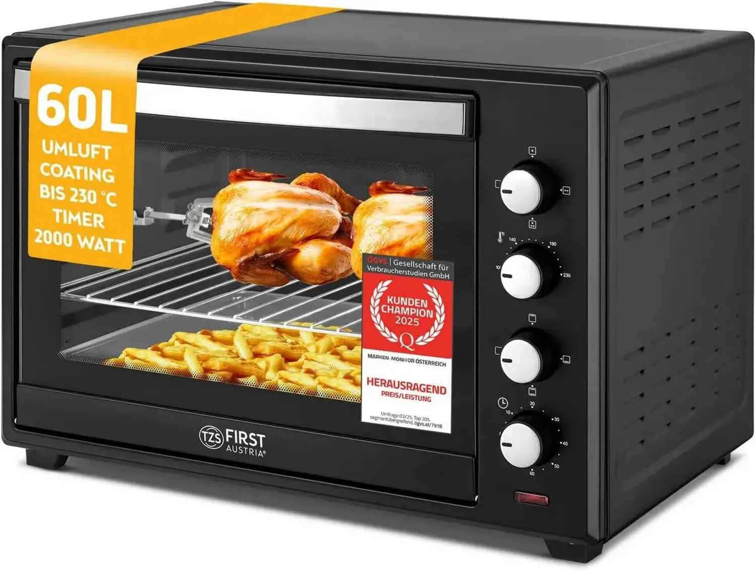 Kompakter 60L Minibackofen 2000W mit 6 Modi und Drehspieß