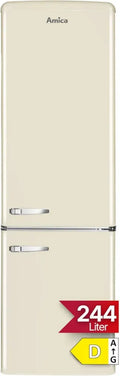 Amica Retro Kühlschrank mit Gefrierfach, 244 l, LED, Glasablagen, Chrom-Flaschengitter, 181x55x62 cm, Beige