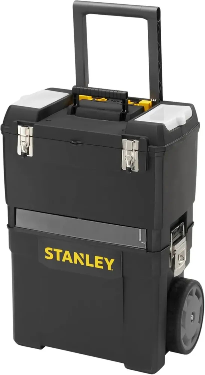 STANLEY Mobile Werkstatt, modulare Werkzeugkästen, strapazierfähiger Kunststoff, große Schwerlasträder, Metallverschlüsse, integrierter Organizer, Modell 1-93-968