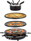Raclette Fondue Grill für 8 Personen, 4in1 Tischgerät mit Naturstein, Crêpesplatte und 8 Pfännchen, 1350W, schwarz