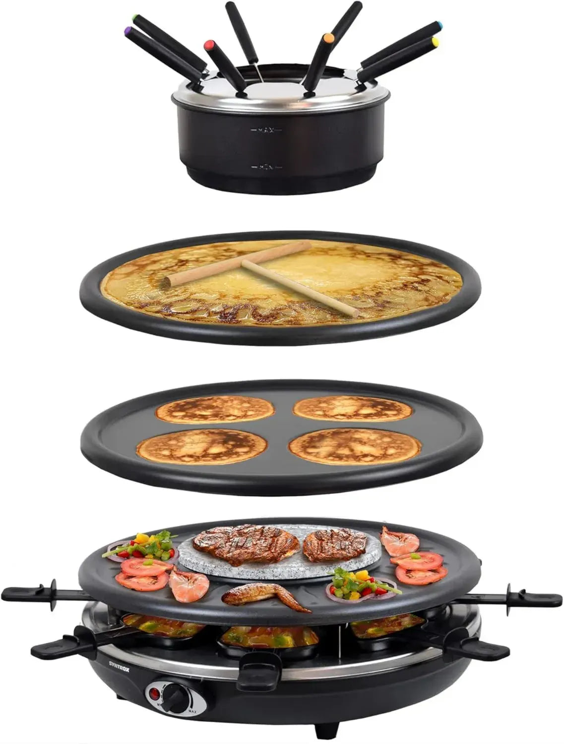Raclette Fondue Grill für 8 Personen, 4in1 Tischgerät mit Naturstein, Crêpesplatte und 8 Pfännchen, 1350W, schwarz