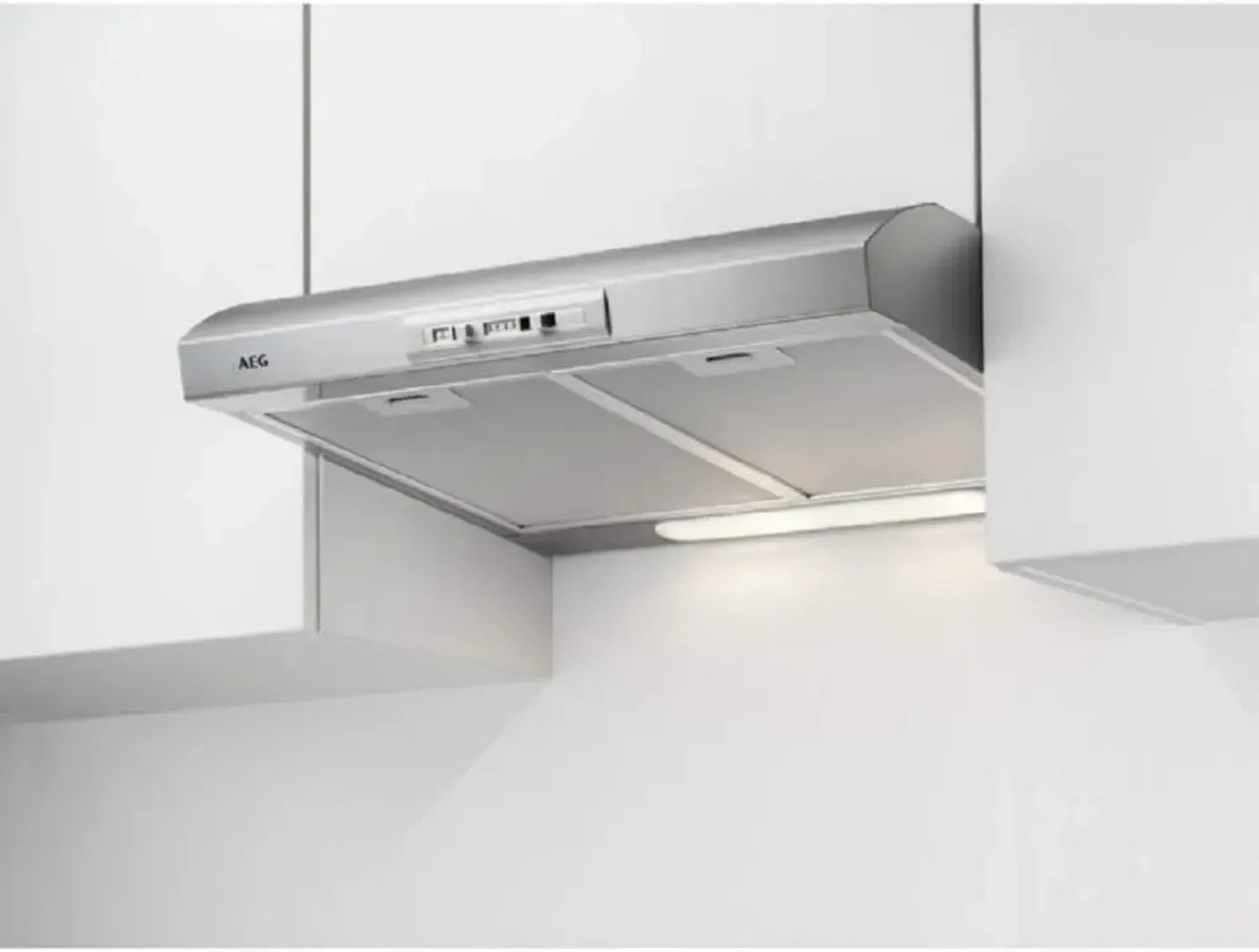 AEG 60cm Unterbau-Dunstabzugshaube, Umluft/Abluft, Edelstahl, leise 63-69 dB, Schiebeschalter