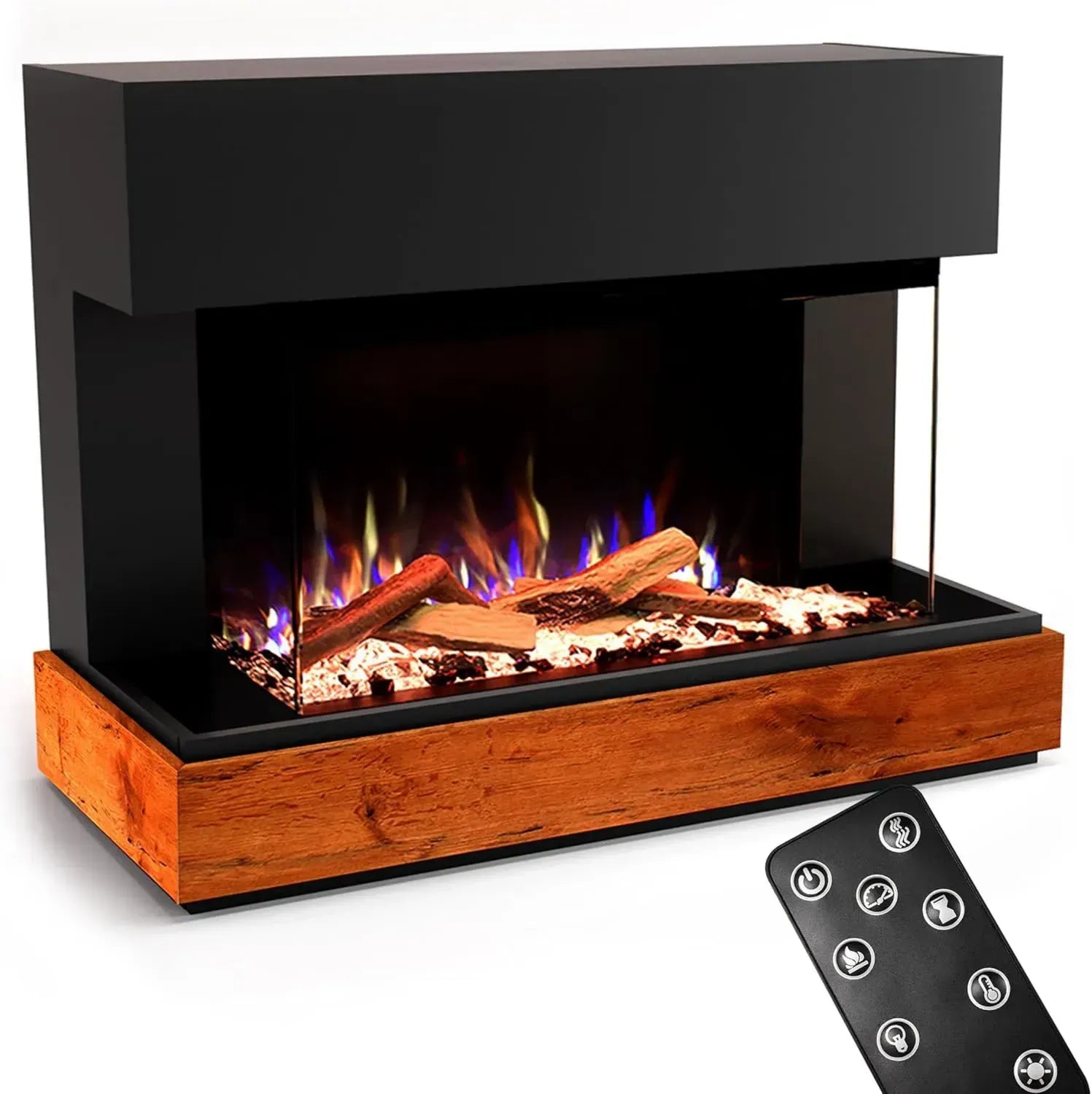 GLOW FIRE Elektrokamin Curie mit 3D-LED-Flammeneffekt, Heizung und Timer, 1500 W, Schwarz, 114x89x41,5 cm