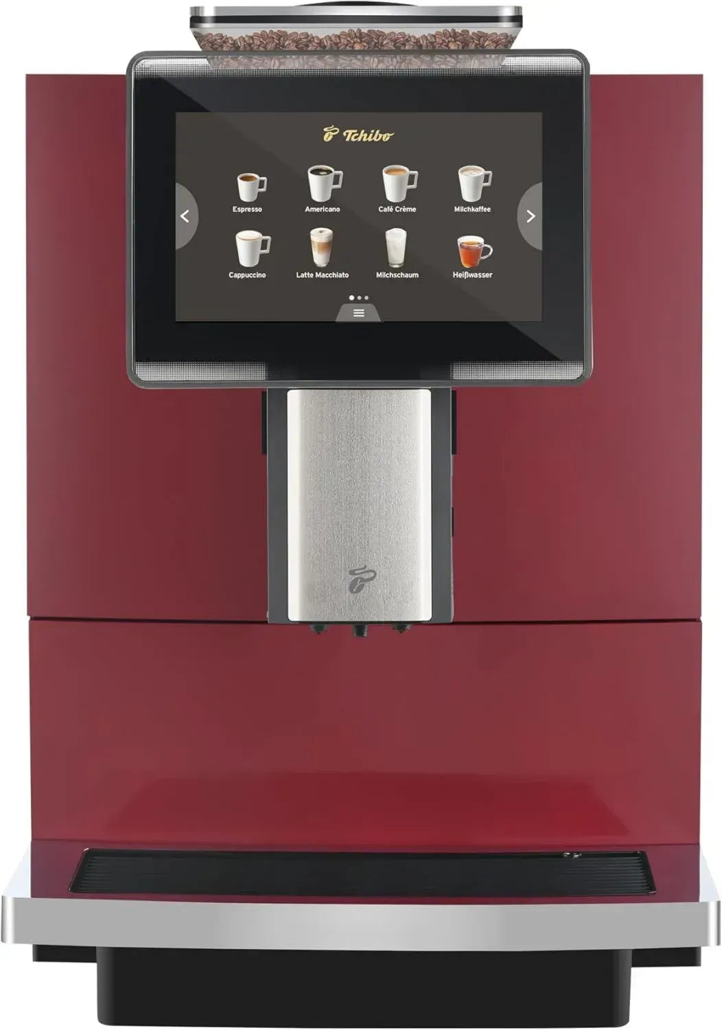 Tchibo Kaffeemaschine mit Wasserfilter, Keramikmahlwerk, Touch-Display, 1500W, Milchschaum, 2L Tank, Rot