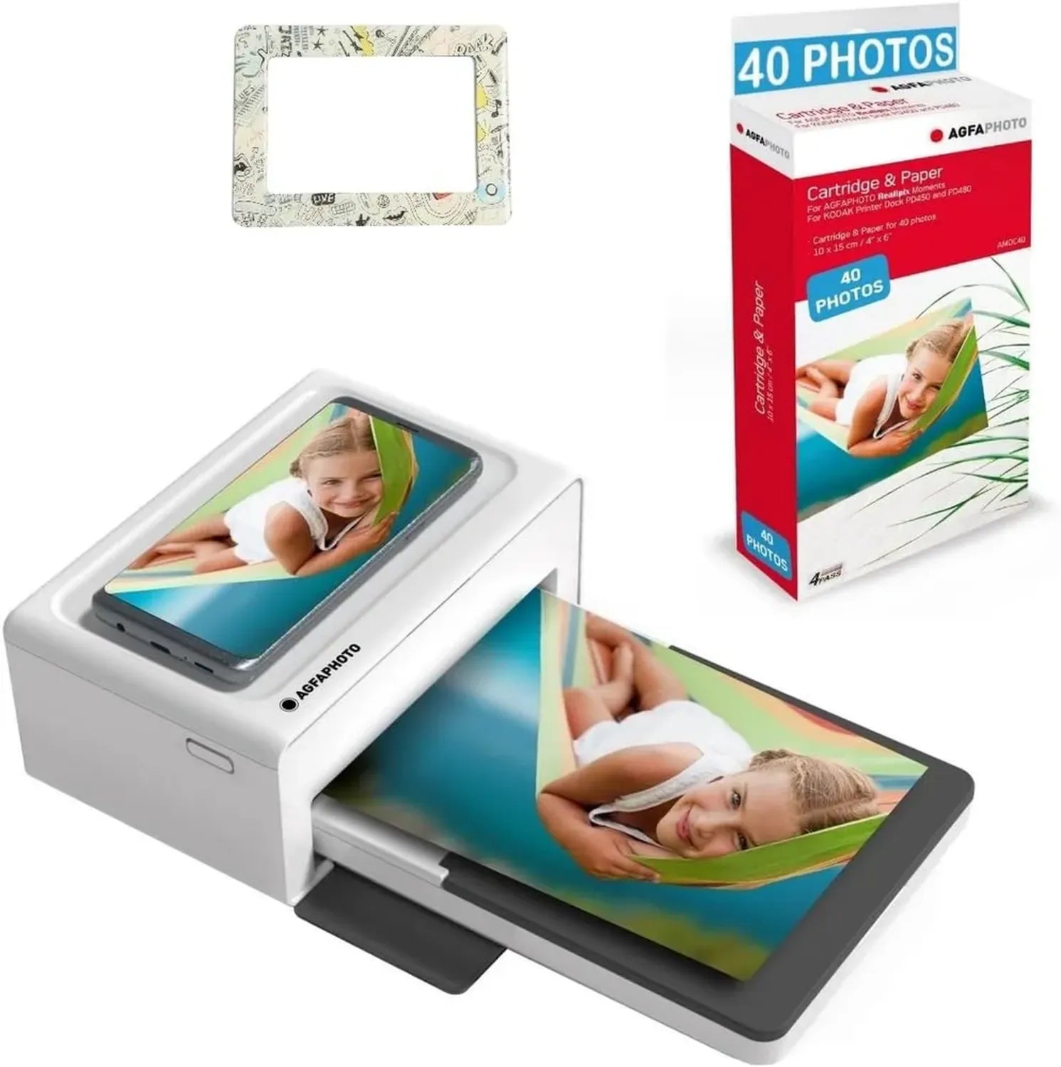 AgfaPhoto Realipix Sofortbilddrucker Set, inklusive 40 Fotos Papier und magnetischem Rahmen - Kompatibel mit iOS und Android, 10x15 cm, 4Pass Thermosublimation, Weiß