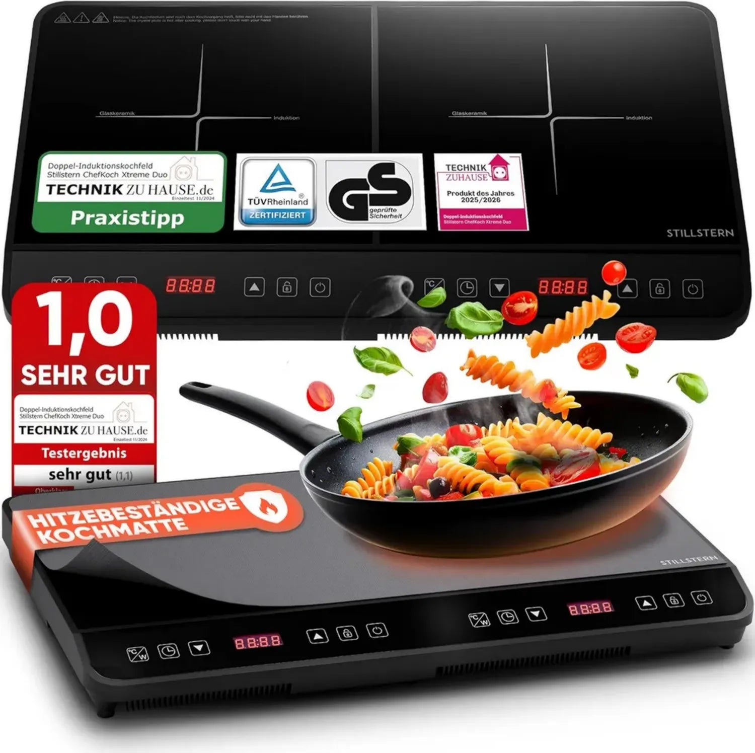 Stillstern Induktions-Doppelkochfeld 3600W, lautlos & Turbo-Boost, 2 Platten mit 18 Stufen, 24h Timer