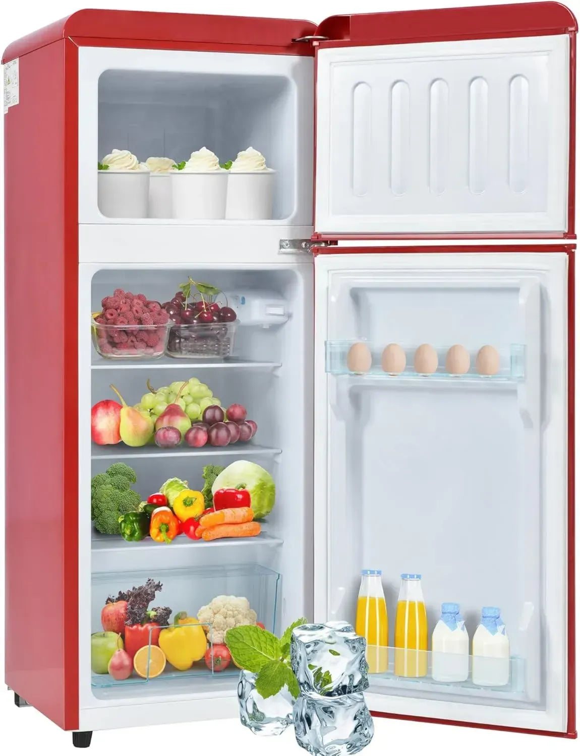 Merax Kompakt Retro-Kühlschrank mit Gefrierfach, Zweitürig, 92L, Energieeffizient, LED-Beleuchtung, 28L Gefrierfach, Stilvoll in Rot