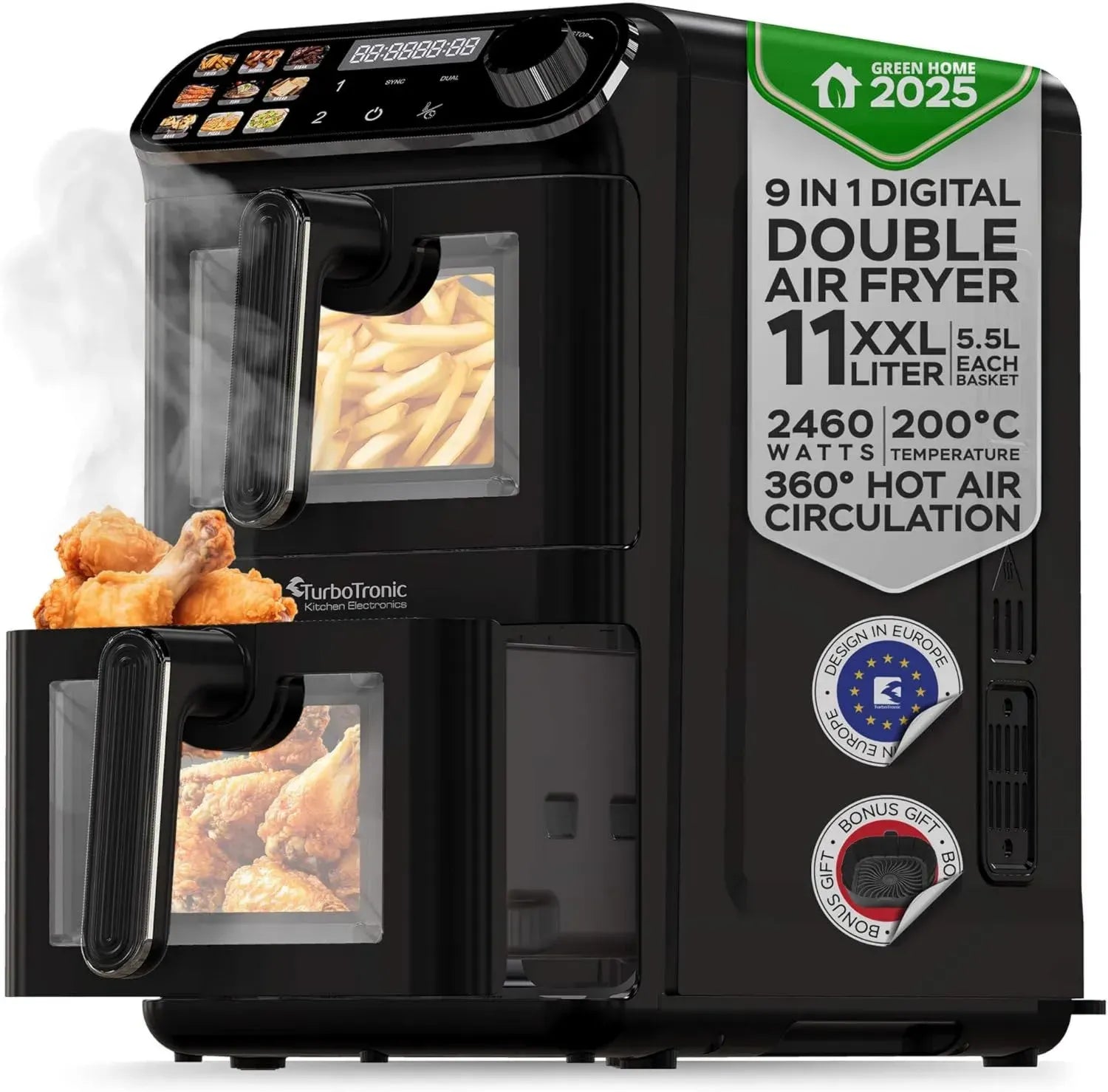 TurboTronic Doppelkammer Heißluftfritteuse XXL – 11 L, DualZone AirFryer mit Silikoneinlagen, platzsparendes Design für fettfreies Frittieren