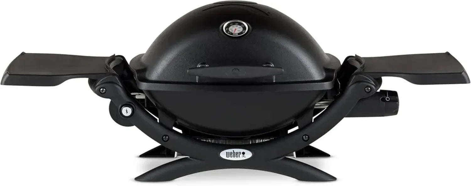 Weber Q 1200 Tragbarer Gasgrill, 43 x 32 cm, Einflammig, Zweigeteilter Emaille-Gussrost, Deckelthermometer - Schwarz