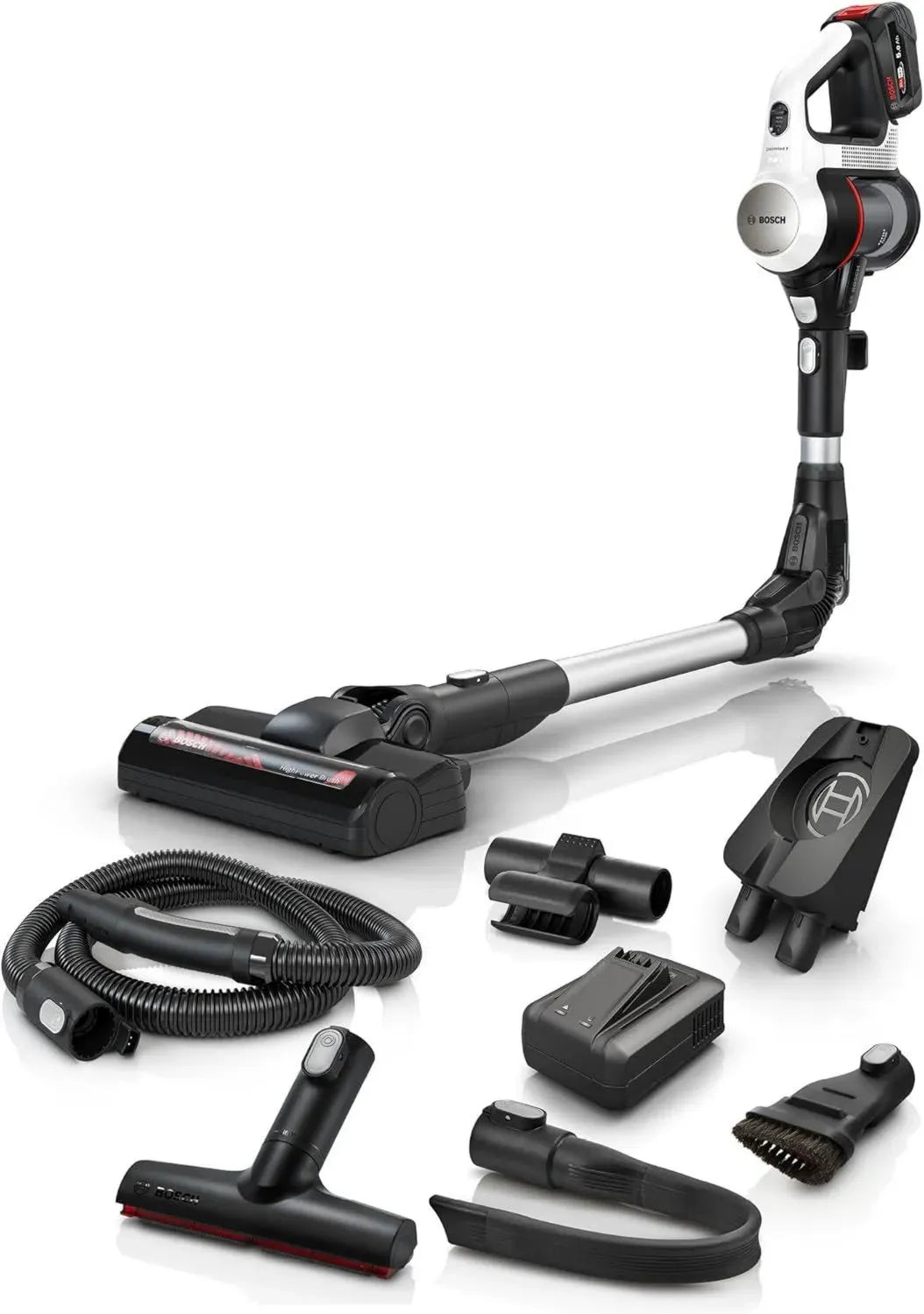 Bosch Kabelloser Staubsauger Unlimited 7, Flexibles Rohr, HEPA Filter, 10 Jahre Garantie, 5.0 Ah Akku, Schnellladegerät, Polsterdüse, Turbo-Modus, Weiß, Made in Germany