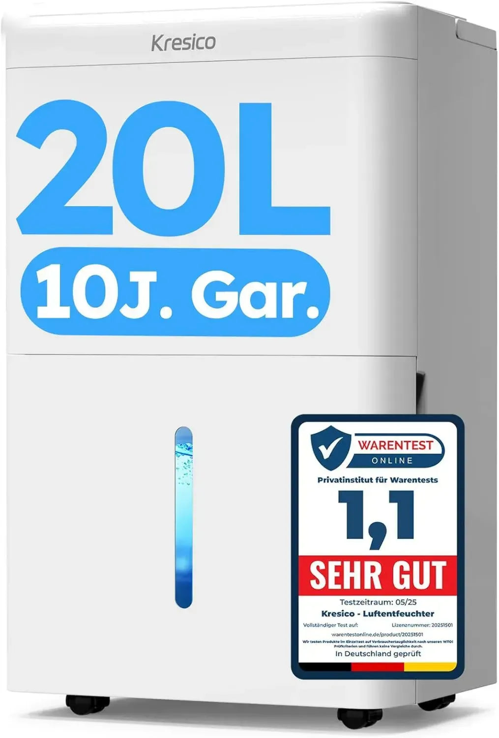 Elektrischer Luftentfeuchter 20L/Tag, Leise 39dB, Für Räume bis 50m², Mit Ablaufschlauch und Timer, Auto-Abtauung, Umweltfreundliches Kältemittel R290