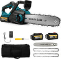 Akku-Kettensäge 12 Zoll mit bürstenlosem Motor, kompatibel mit Makita 18V, inkl. 2x 3Ah Akkus, 3 Ketten, werkzeuglose Spannung & Auto-Öler, ideal für Holz und Bäume