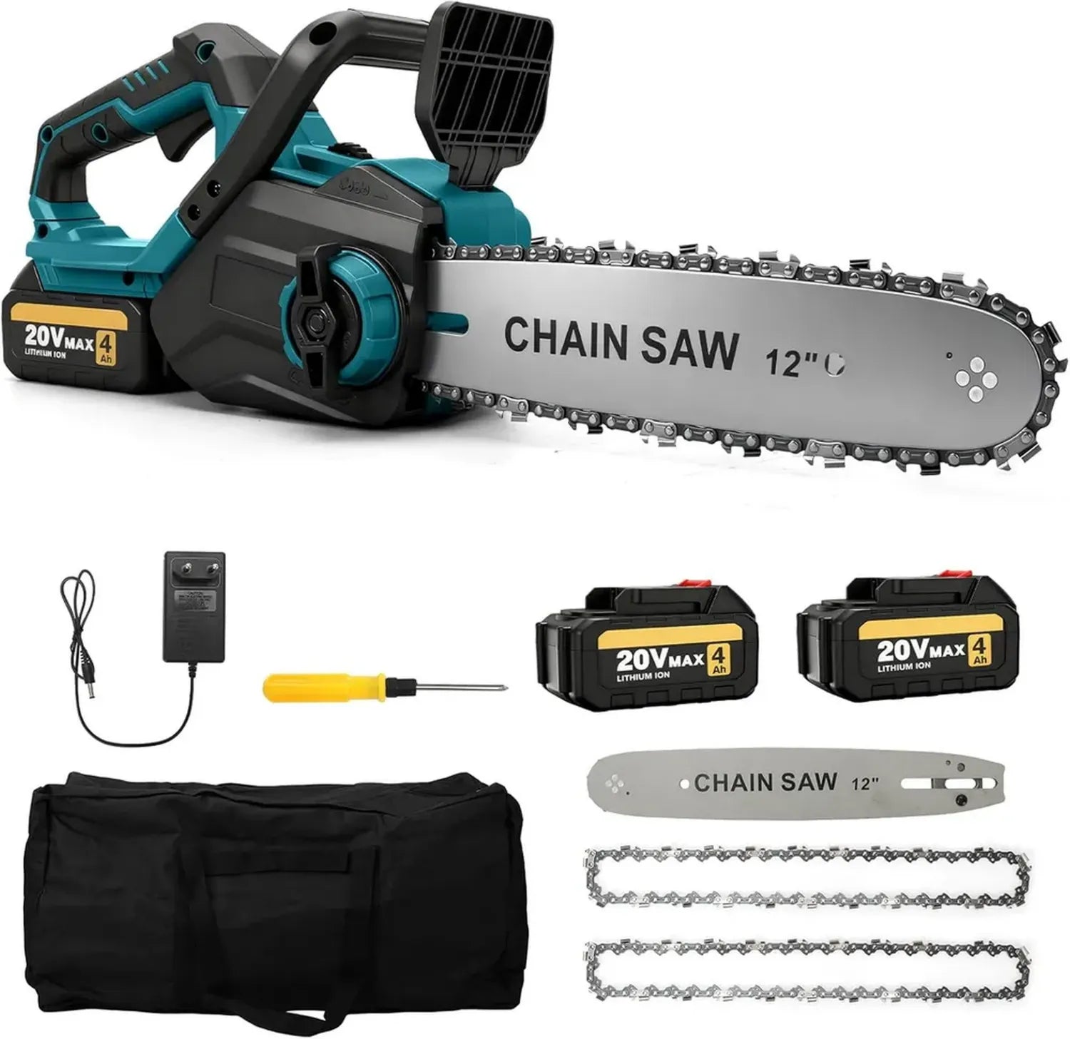 Akku-Kettensäge 12 Zoll mit bürstenlosem Motor, kompatibel mit Makita 18V, inkl. 2x 3Ah Akkus, 3 Ketten, werkzeuglose Spannung & Auto-Öler, ideal für Holz und Bäume