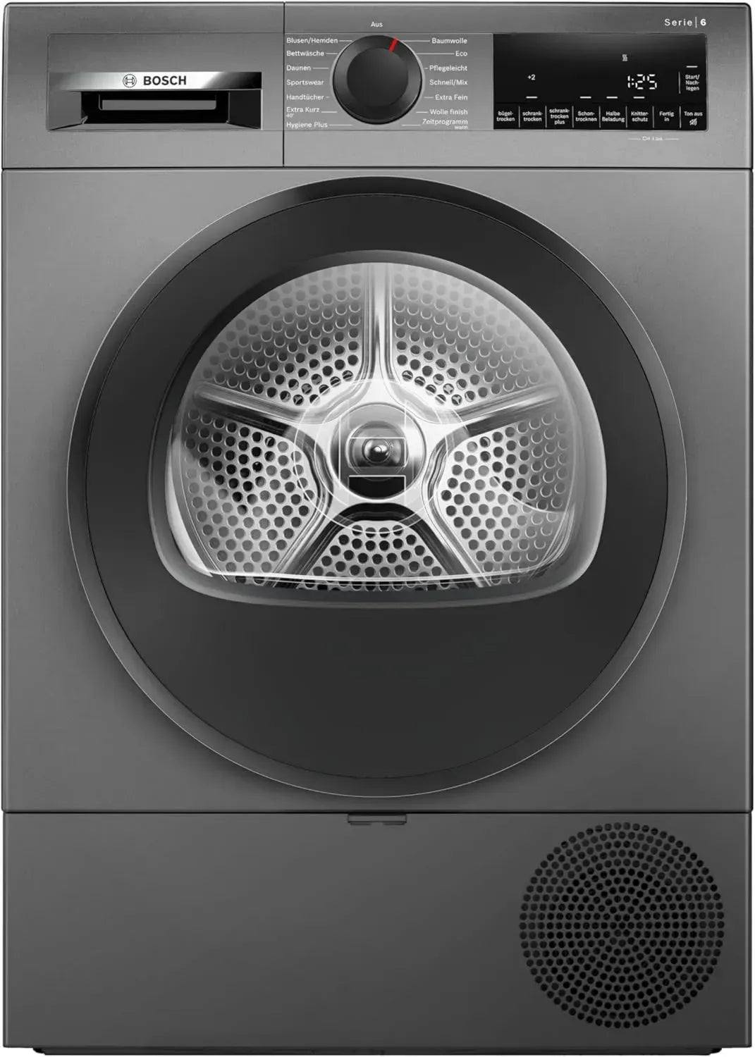 Bosch Serie 6 Wärmepumpentrockner 9 kg, Schnellprogramm, Halbe Beladung, AutoDry, EasyClean, SensitiveDrying, Trommelreversierung, LED-Innenbeleuchtung, Grau