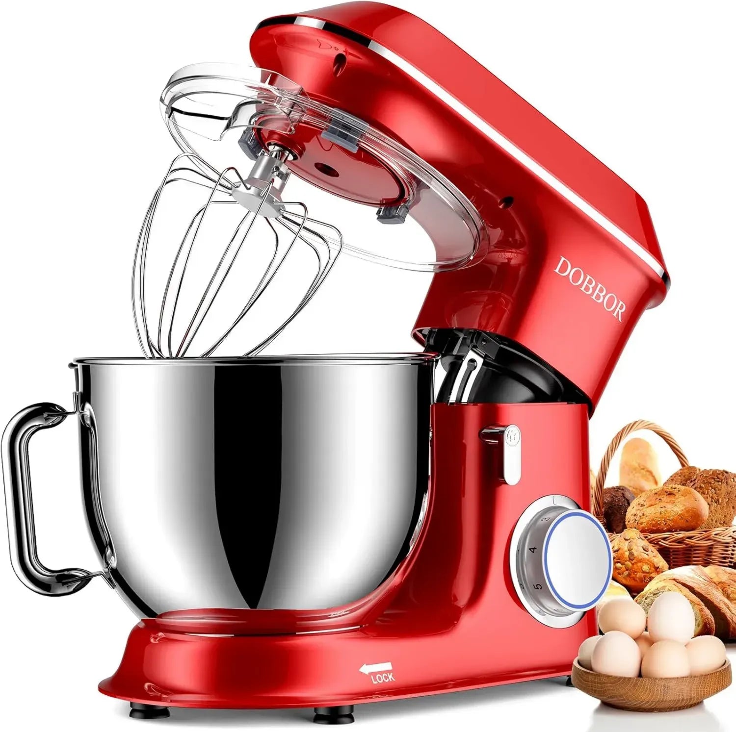 DOBBOR 9.5L Küchenmaschine, 1500W Knetmaschine mit 7 Geschwindigkeiten, leise & multifunktional, inkl. Knethaken, Rührbesen, Schlagbesen, Spritzschutz, planetarisches Rührsystem, rot