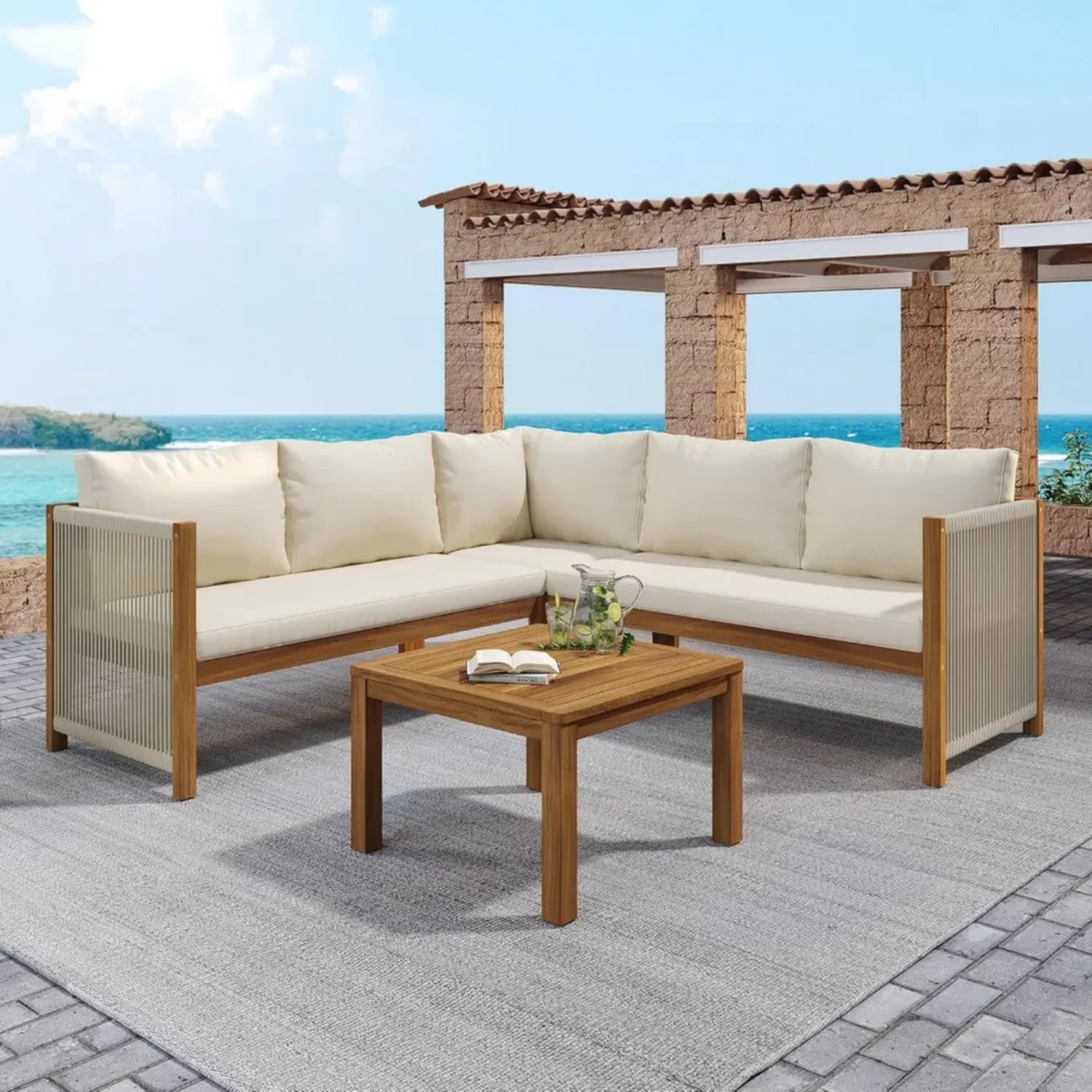 Outdoor Lounge-Set aus Akazienholz mit Ecksofa und Couchtisch, geflochtenem Seil und Beige Design