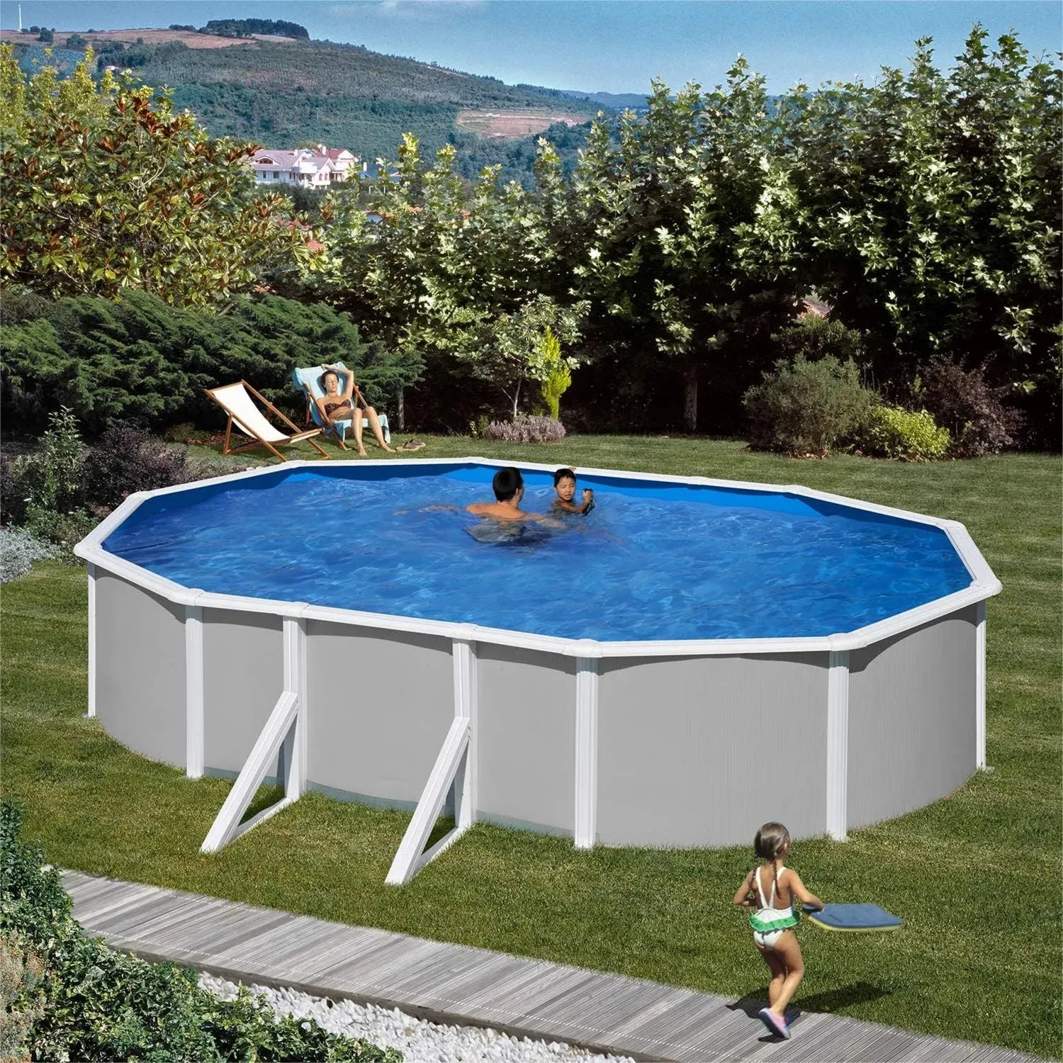 Paradies Pool® Ovaler Stahlwandpool 300x500x132 cm, Komplettset mit blauer Abdeckung, breitem Handlauf, Skimmer-Set und Leiter