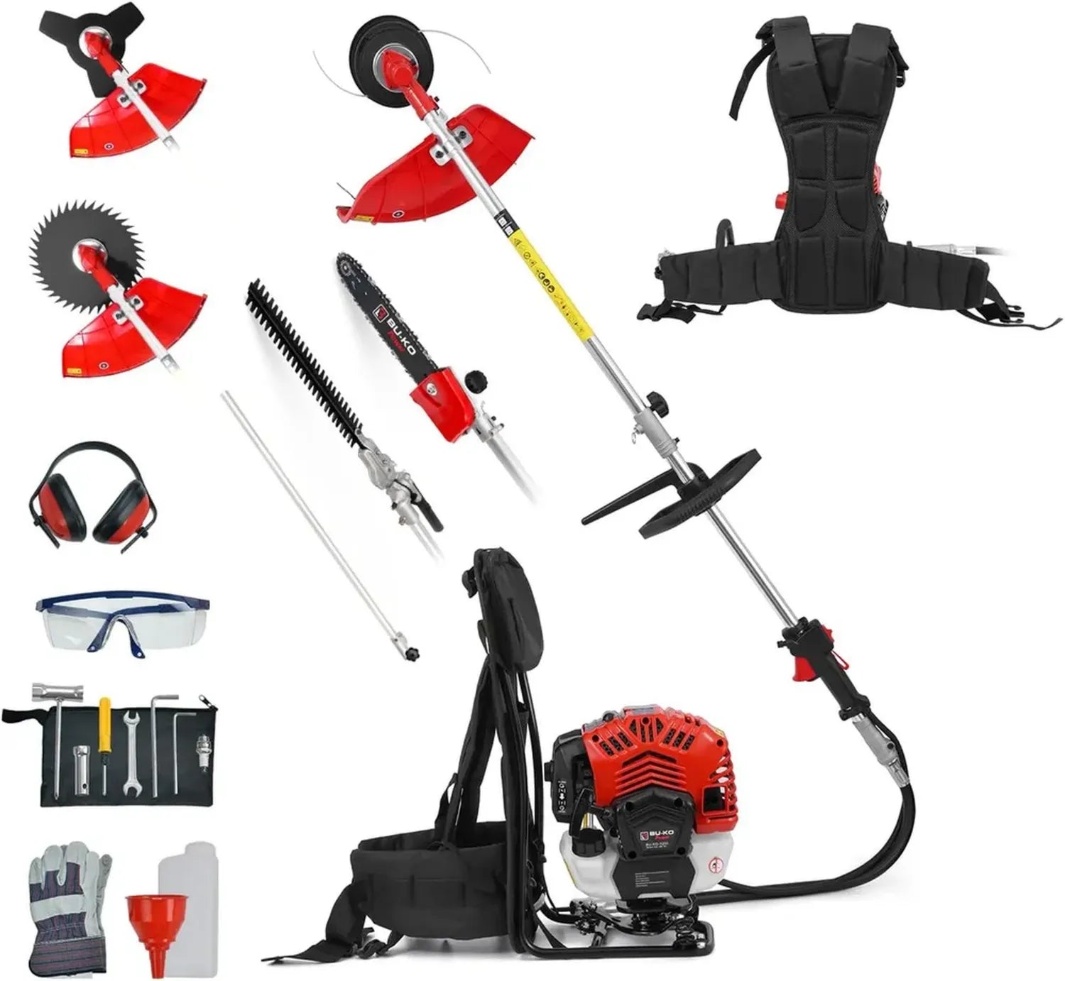 BU-KO 52cc Benzin-Rucksack-Gartengerät: Rasentrimmer, Freischneider, Heckenschneider, Hochentaster