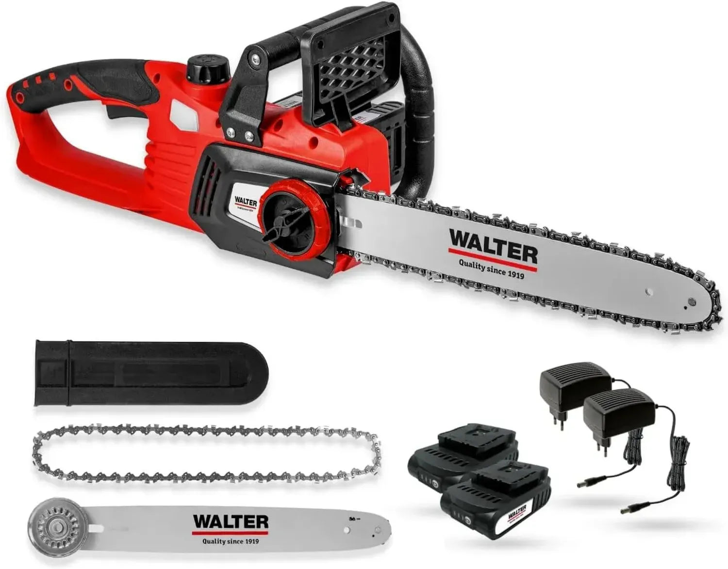 Akku-Kettensäge 40V bürstenlos mit 35 cm Schnittlänge, 13 m/s Kettengeschwindigkeit, inklusive 2 Akkus und Zubehör