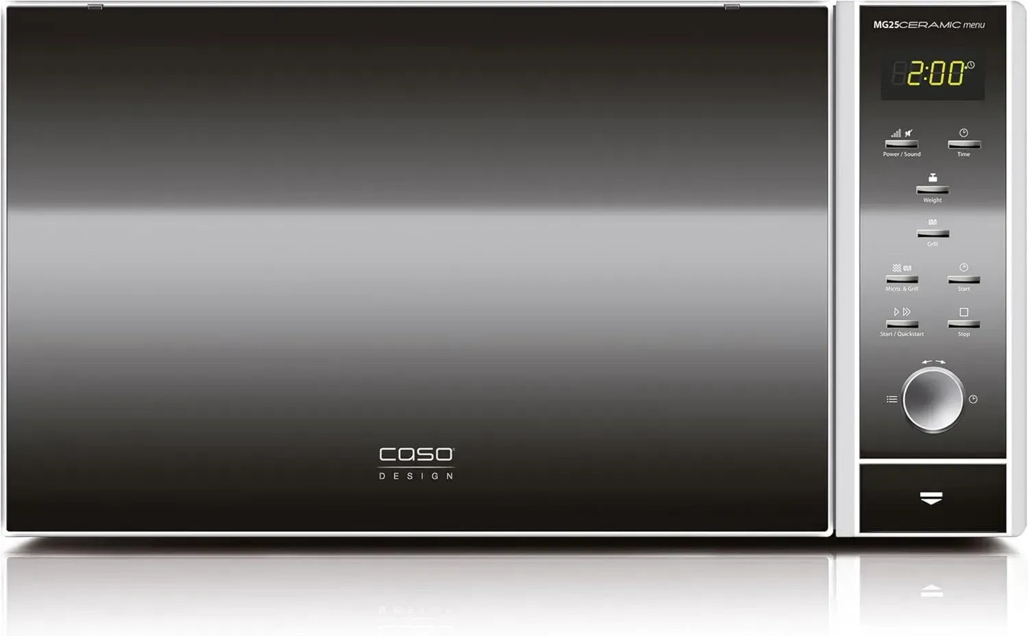 CASO MG 25 Keramik-Mikrowelle mit Grill, 900W Leistung, 1000W Quarzgrill, 25L Volumen, Edelstahl-Innenraum, Borosilikat-Glasplatte, 10 Leistungsstufen, 10 Kochprogramme, Timer, Ton an/aus