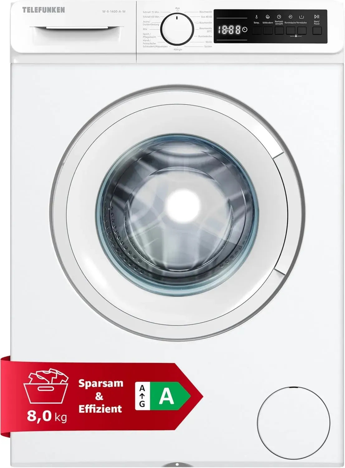 Telefunken 8kg Waschmaschine mit Inverter-Motor, 1400 U/Min, AquaStop und Schontrommel, 15 Programme, Energieklasse A, weiß
