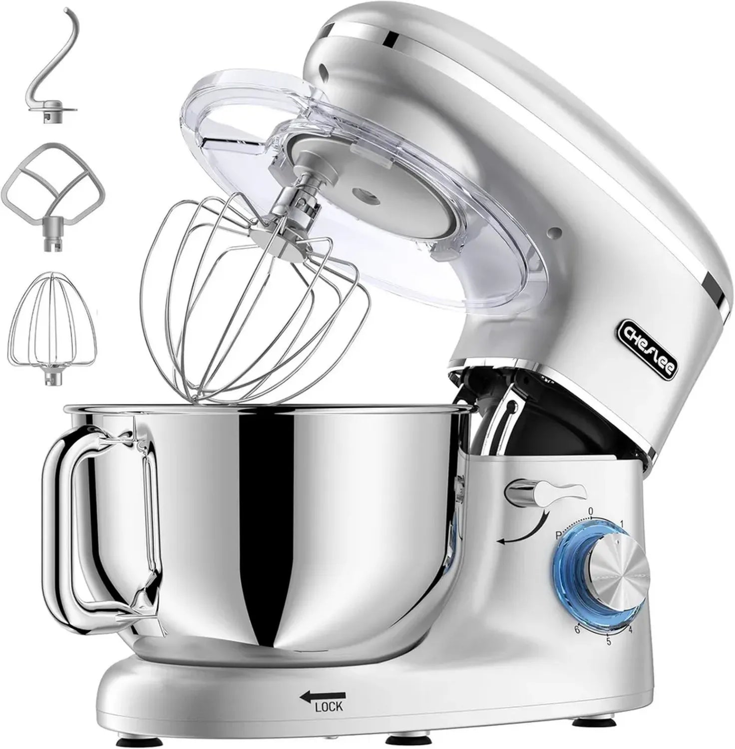 CHeflee 2000W Küchenmaschine mit 6,2L Edelstahlschüssel, Leise Küchenhelfer mit 6 Geschwindigkeiten, Knethaken, Rührbesen und Spritzschutz