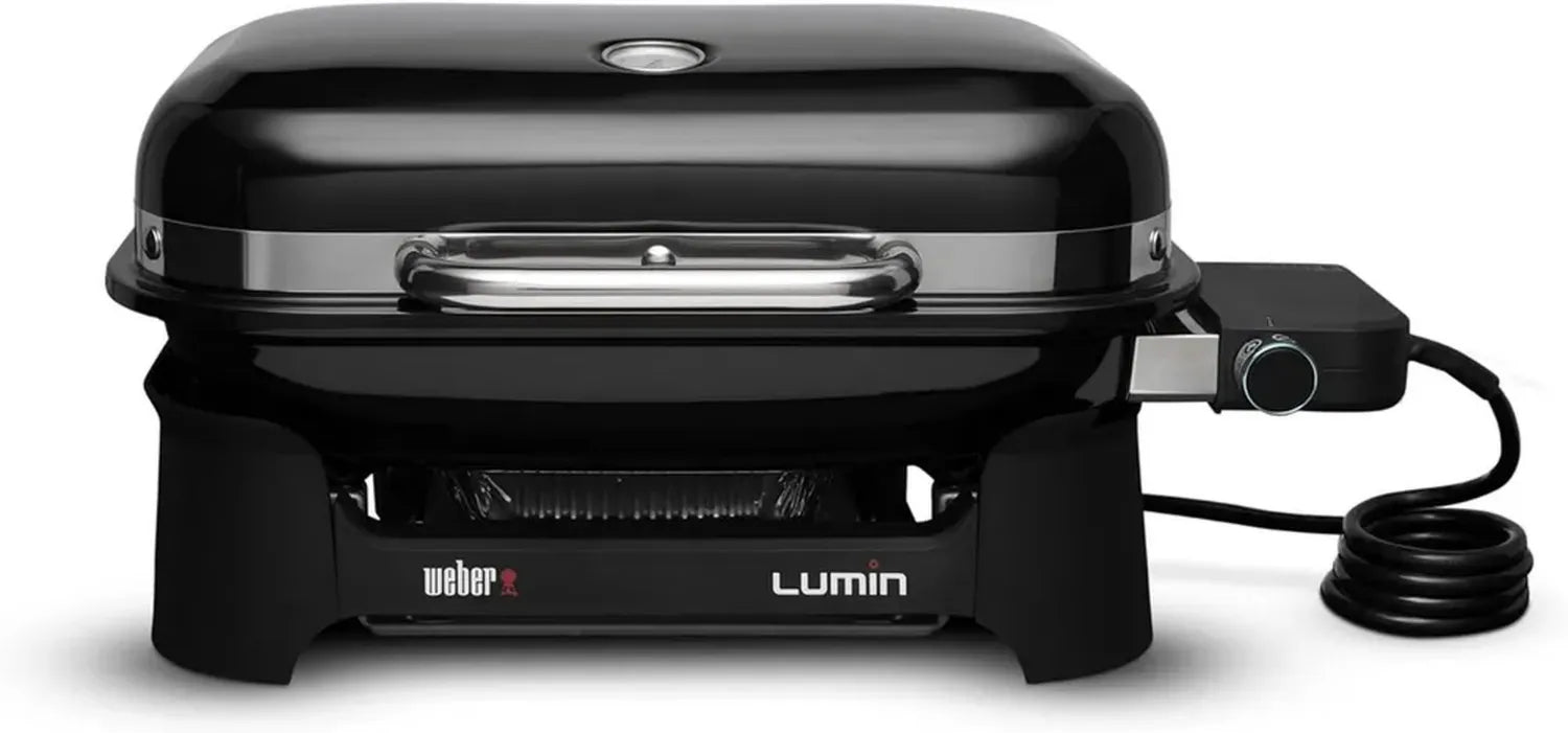 Weber Lumin Kompakt-Elektrogrill mit Multifunktion: Anbraten, Räuchern, Dämpfen, Kochen, Warmhalten, bis 315 °C, Porzellanemaillierte Gusseisenroste, 43 x 32 cm, Schwarz