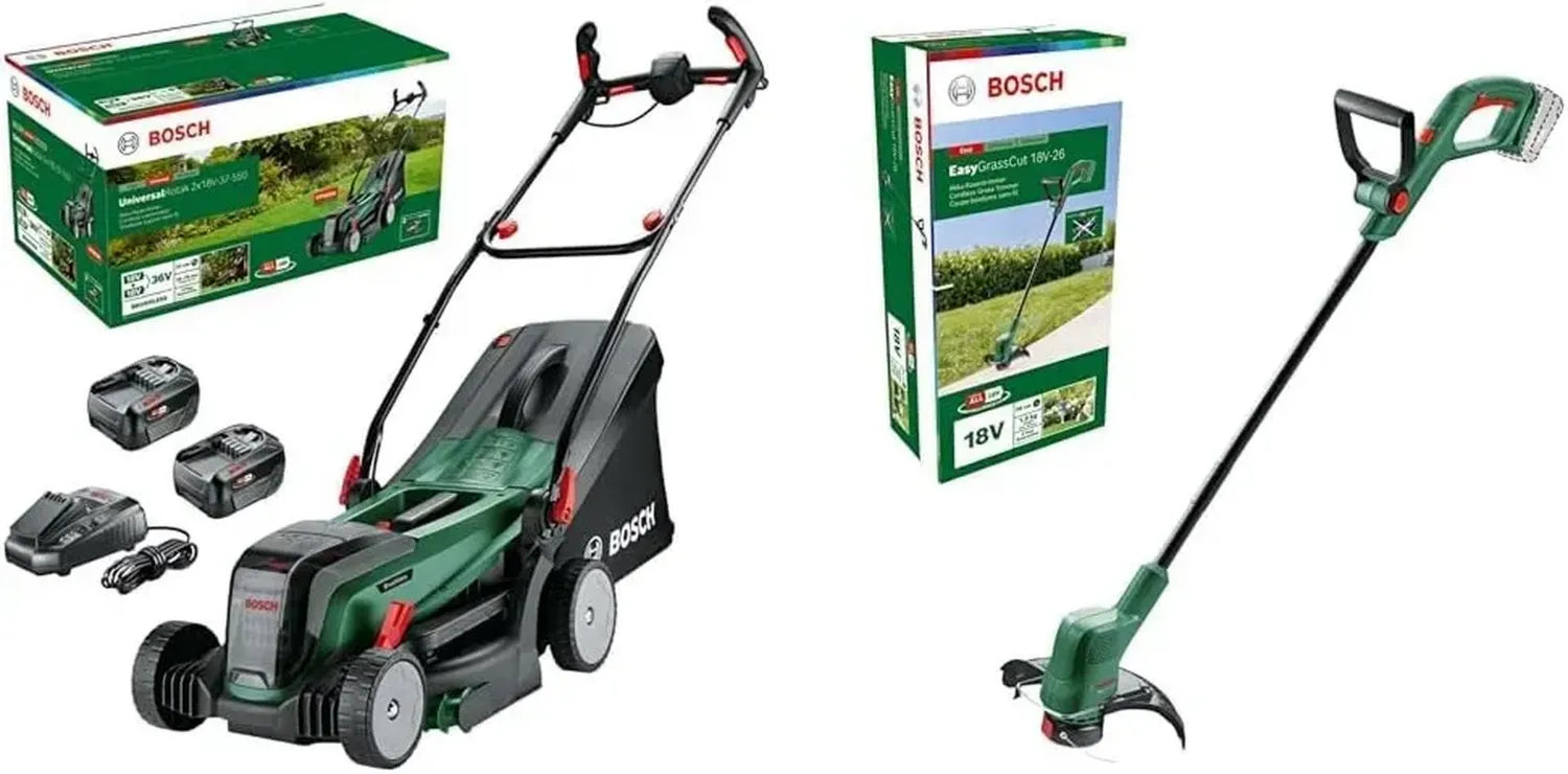 Bosch Akku-Rasenmäher UniversalRotak 37-550 mit 2x18V & EasyGrassCut Trimmer 18V, ohne Akku, 26cm Schnittkreis