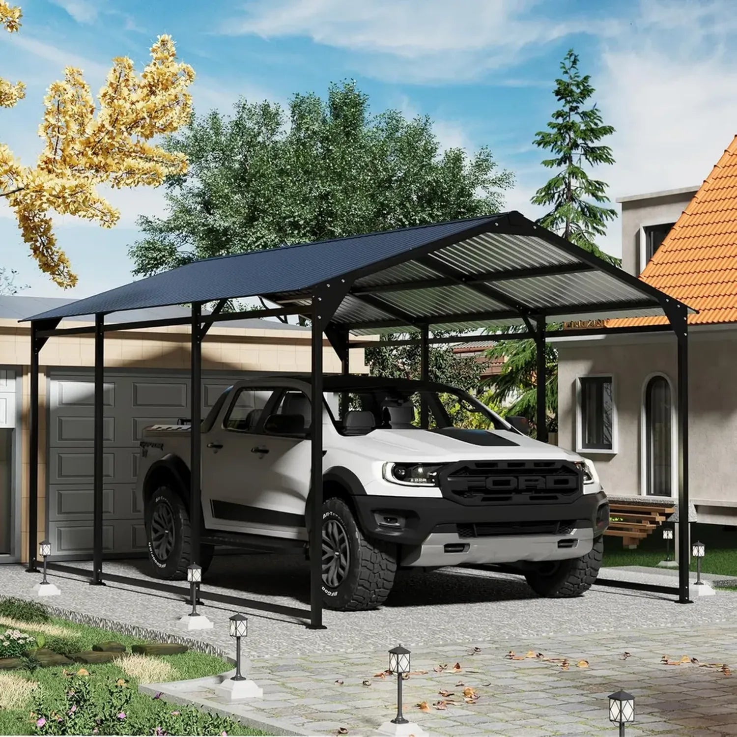 Robustes Metall-Carport mit verstärktem Boden für Fahrzeuge, schwarz
