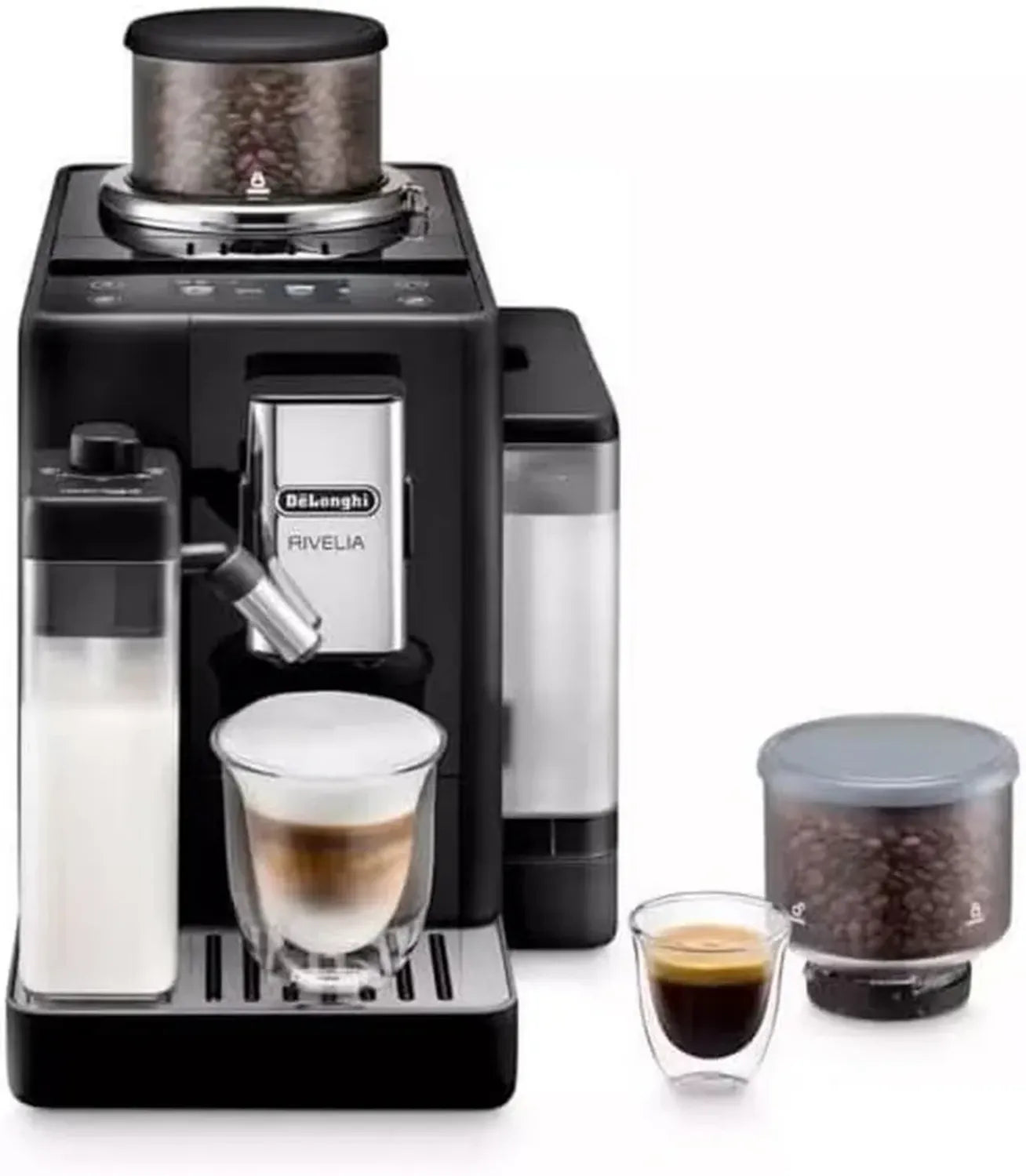 De'Longhi Rivelia EXAM440.55.B Kaffeevollautomat mit LatteCrema, Wechselbehälter & 16 Getränken, Extra-Shot & Touch-Display, Onyx Schwarz