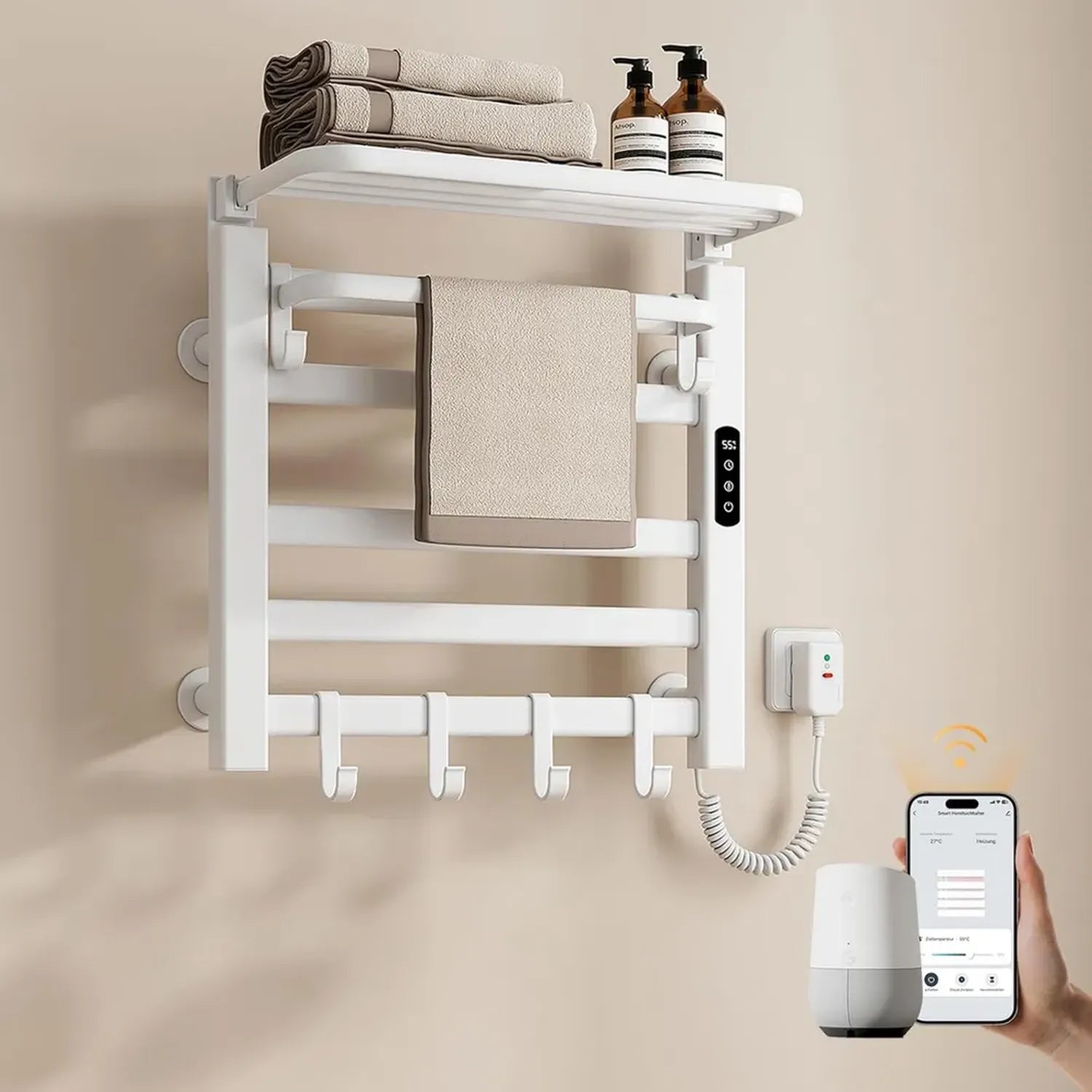 EMKE Intelligenter Elektrischer Handtuchtrockner 500x500mm, Energieeffizienter Badheizkörper mit Ablage, 140W Weiß