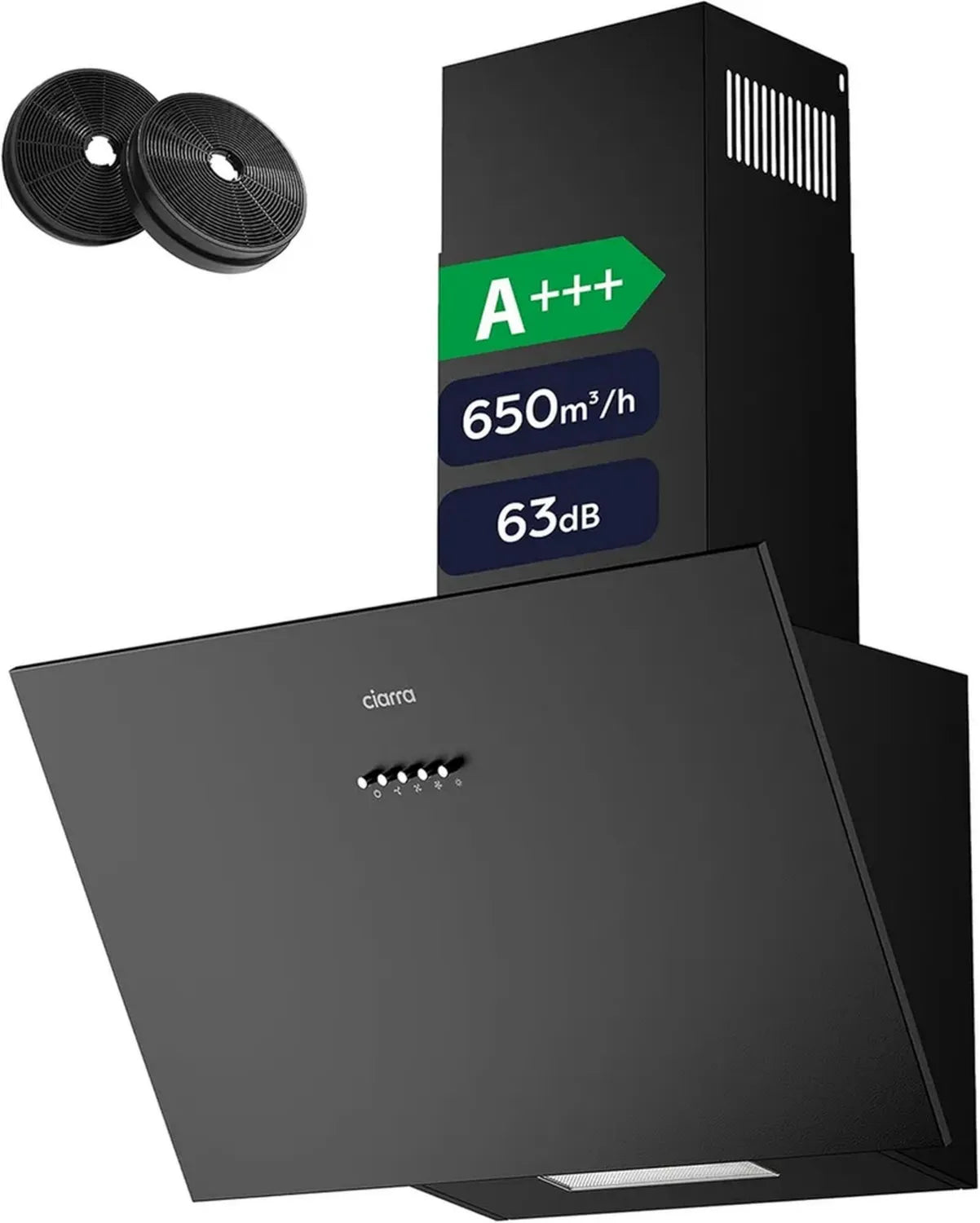 CIARRA 60 cm Kopffreie Dunstabzugshaube A+++ Umluft, 650 m³/h, mit Aktivkohlefilter, 3 Stufen, LED Licht, Schwarz