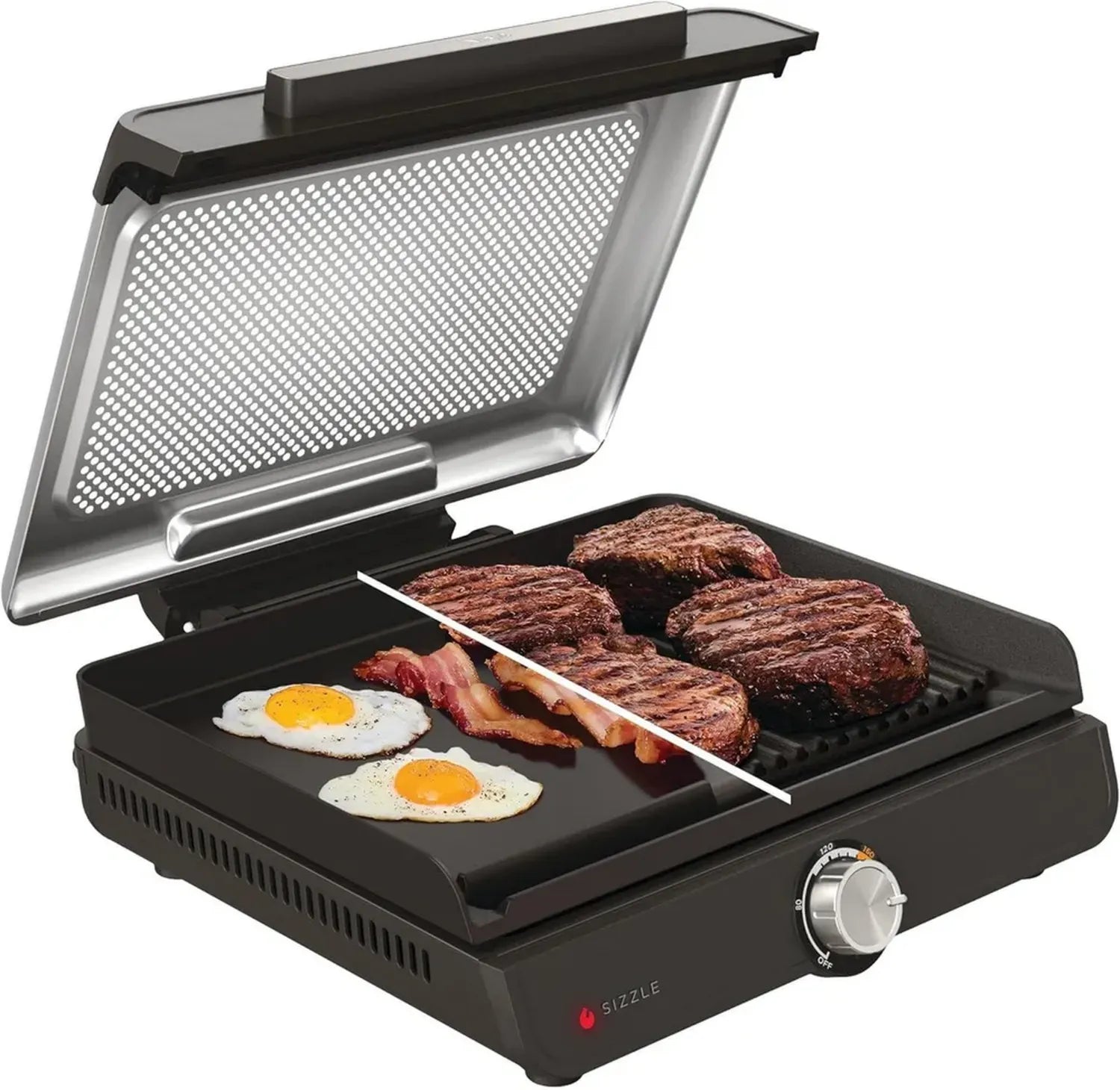 Ninja Sizzle Elektrogrill mit Antihaftplatte und Temperaturkontrolle, spülmaschinenfestem Deckel, inkl. Fettauffangbehälter und Rezeptbuch, Grau