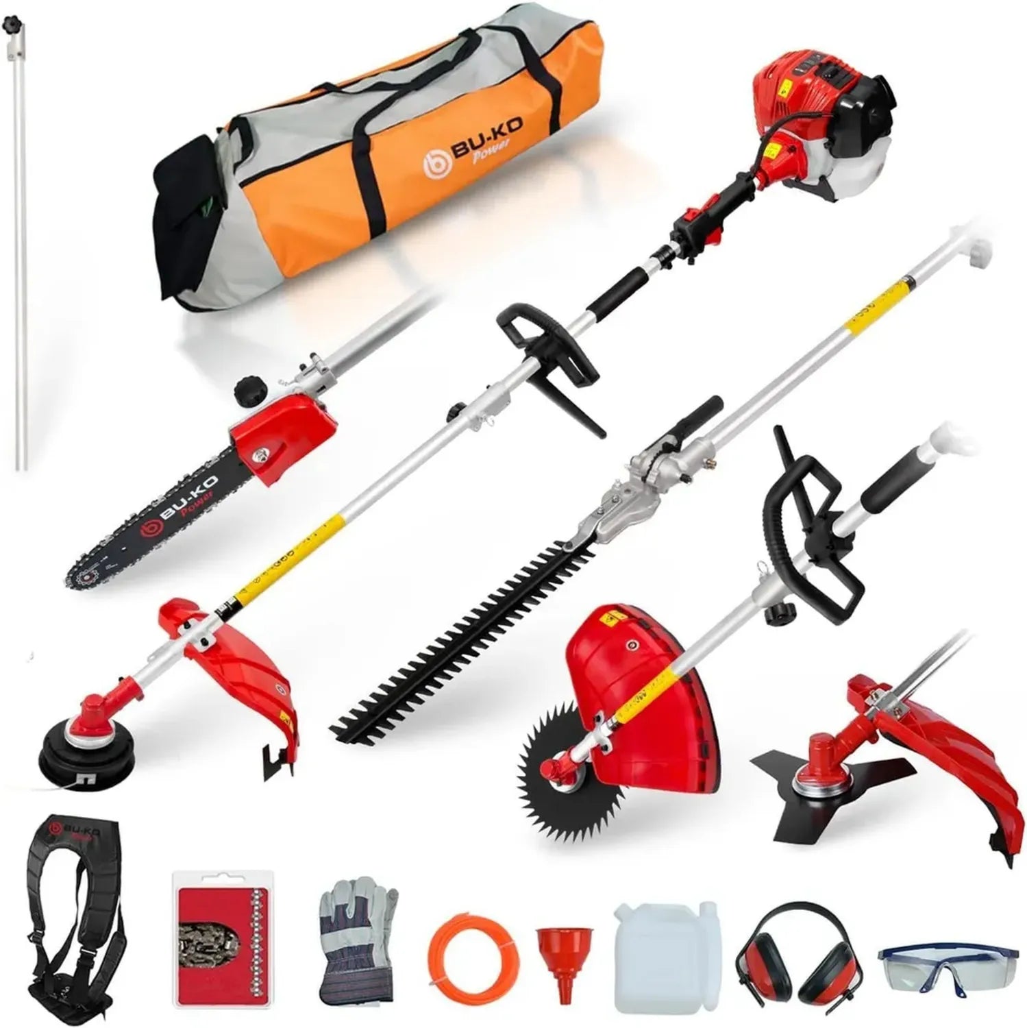 BU-KO 52cc Multitool: Benzin-Motorsense mit 75cm Verlängerung, Heckenschere, Kettensäge & Werkzeugtasche