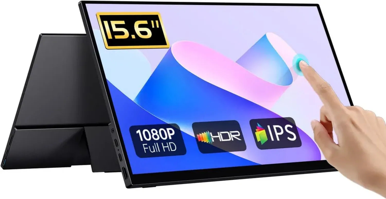 CAPERAVE 15,6-Zoll Tragbarer Touchscreen-Monitor, FHD-IPS, mit Ständer und Lautsprecher, HDMI USB-C, Externer Bildschirm für Windows Laptop